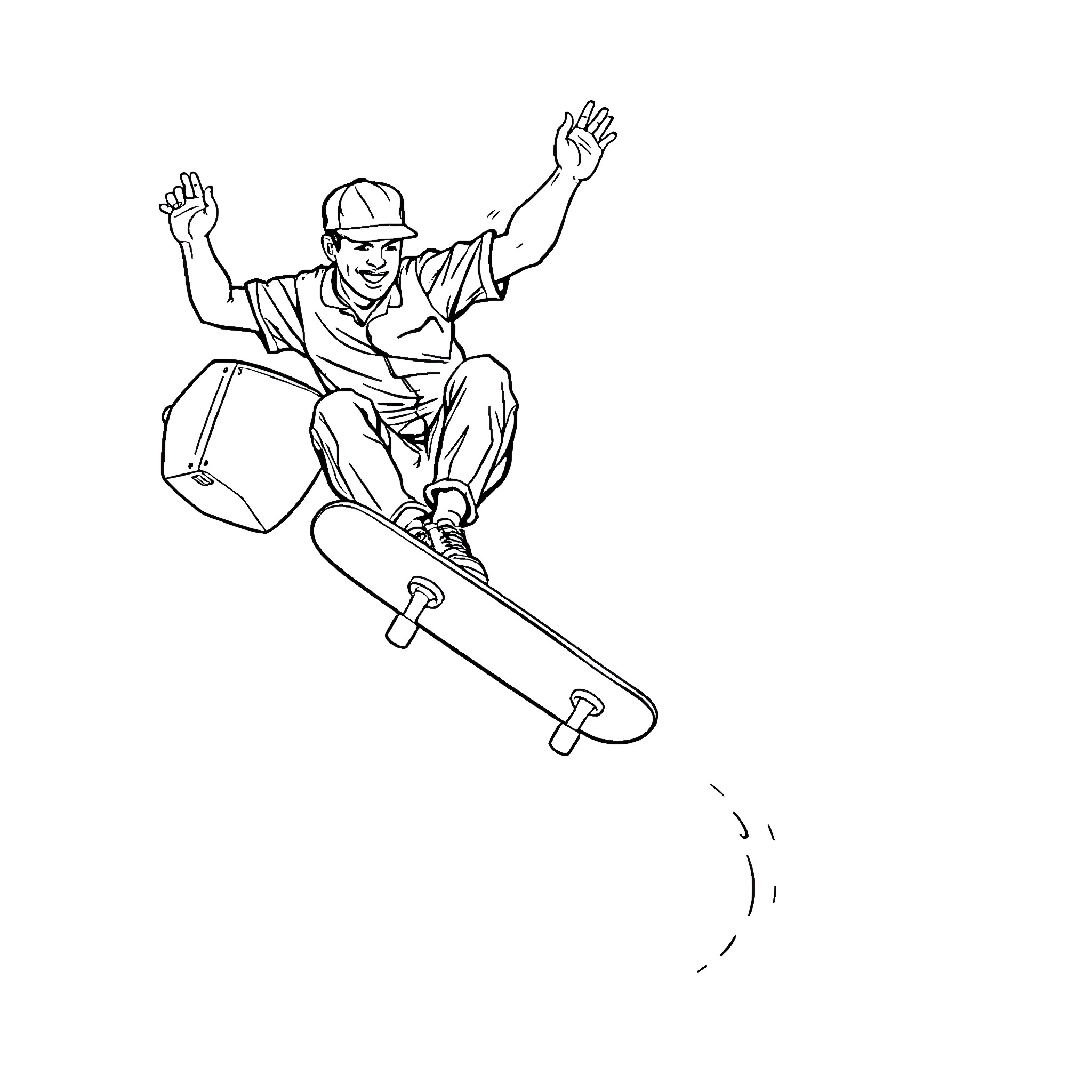 Pizza Delivery Man Performing Skateboard Trick Coloring Page (free black-and-white line drawing printable PDF for all, from beginners to advanced learners, including children, teens, adults, and seniors)