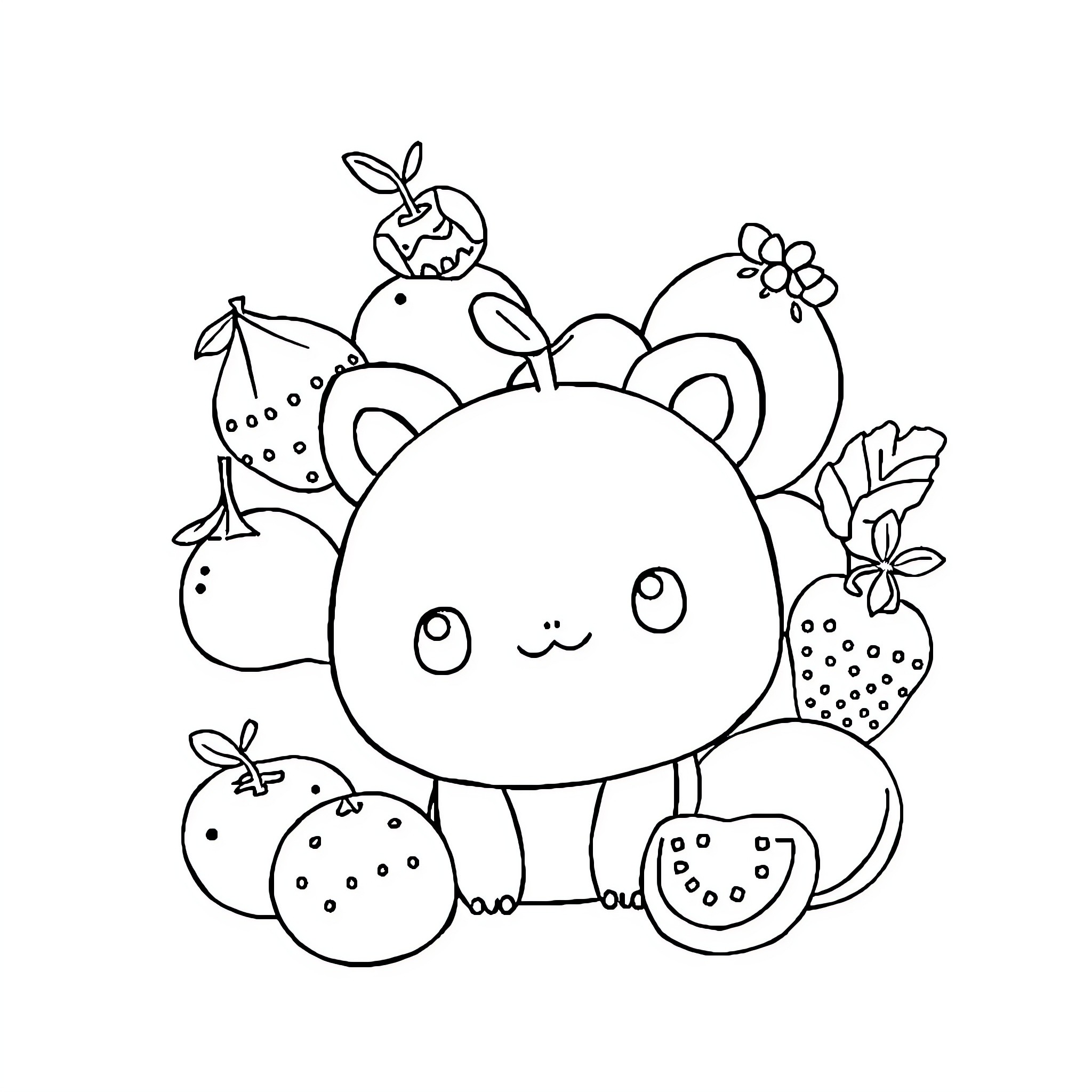 Kawaii Kitten and Cute Fruits Coloring Page (free black-and-white line drawing printable PDF for all, from beginners to advanced learners, including children, teens, adults, and seniors)