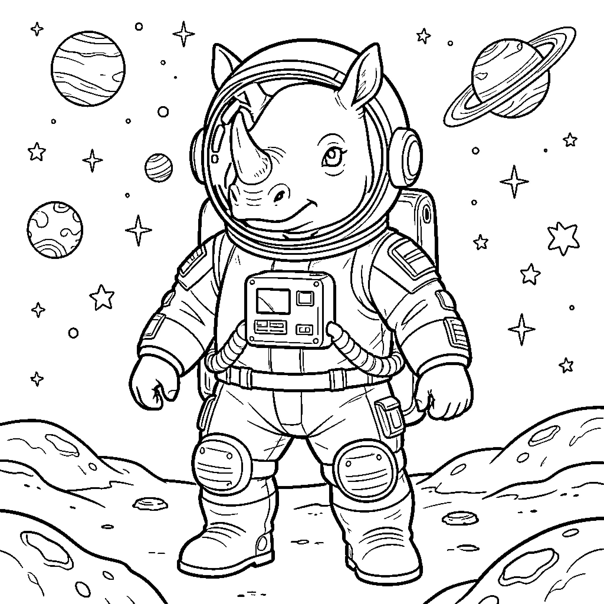 Rhinoceros astronaut exploring the universe Coloring Page (free black-and-white line drawing printable PDF for all, from beginners to advanced learners, including children, teens, adults, and seniors)