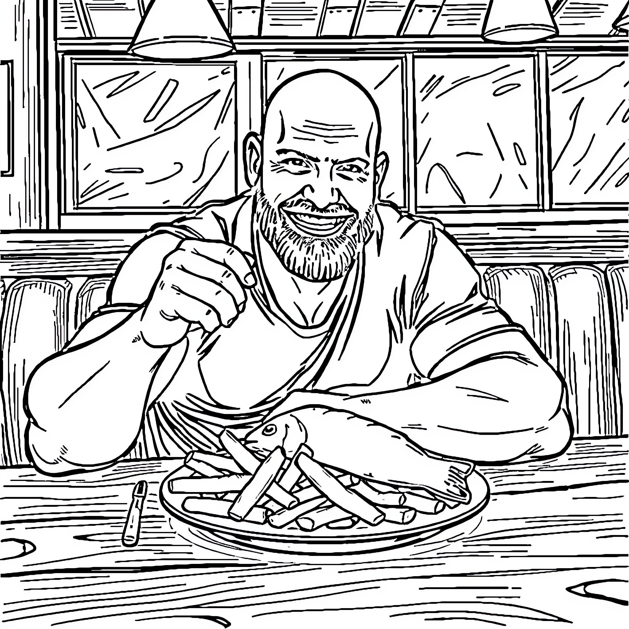 Steve Austin Enjoys a Hearty Meal Coloring Page (free black-and-white line drawing printable PDF for all, from beginners to advanced learners, including children, teens, adults, and seniors)