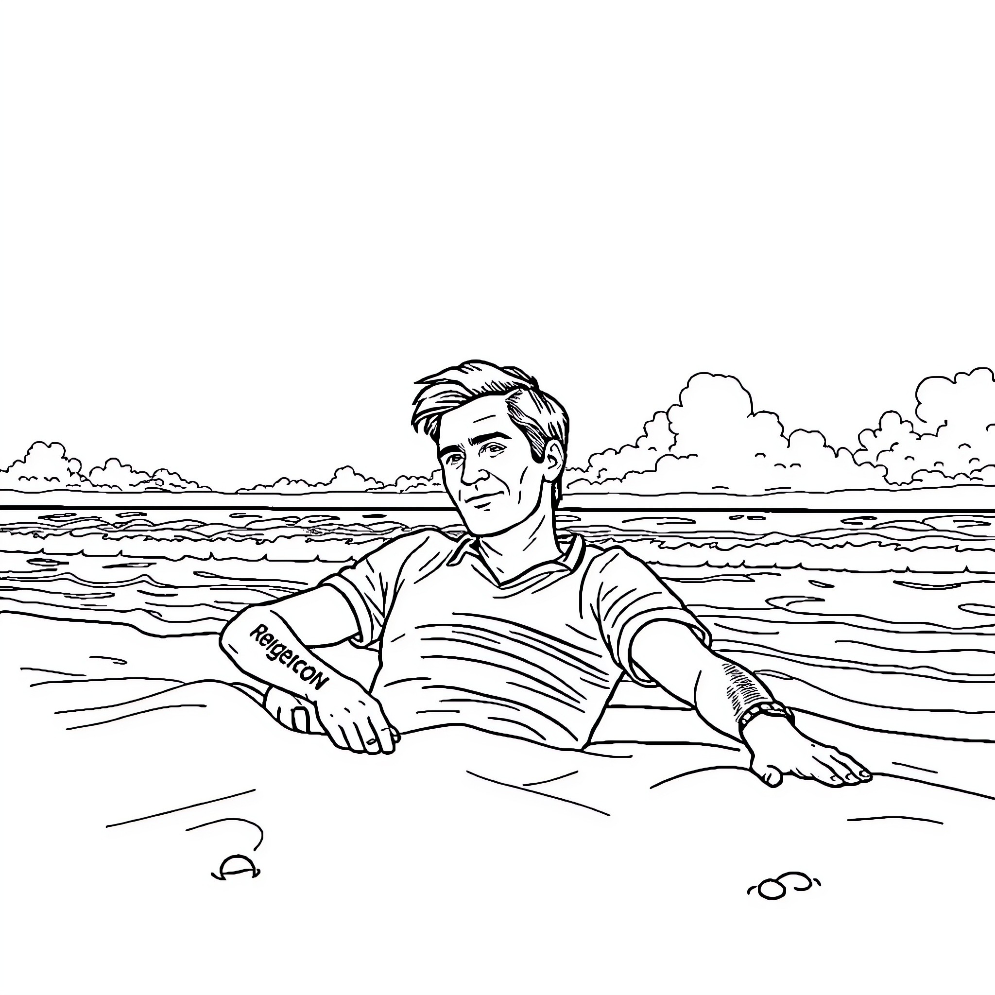 Roger Federer relaxing in the ocean Coloring Page (free black-and-white line drawing printable PDF for all, from beginners to advanced learners, including children, teens, adults, and seniors)