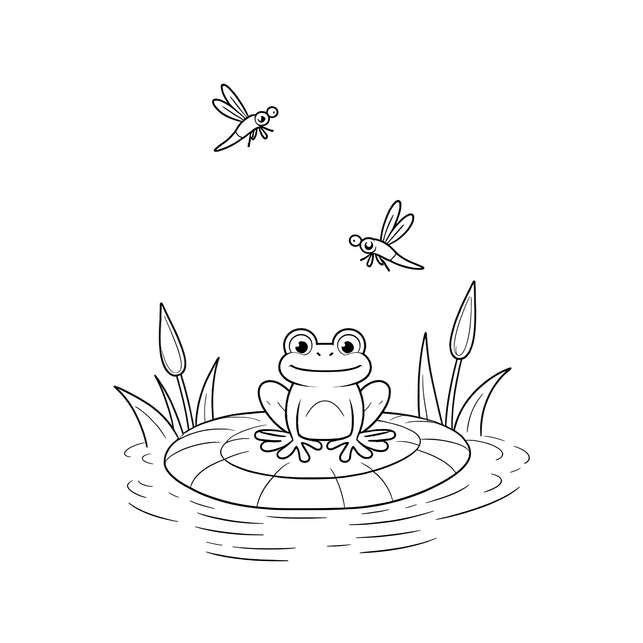 Frog sitting on lily pad with dragonflies Coloring Page (free black-and-white line drawing printable PDF for all, from beginners to advanced learners, including children, teens, adults, and seniors)