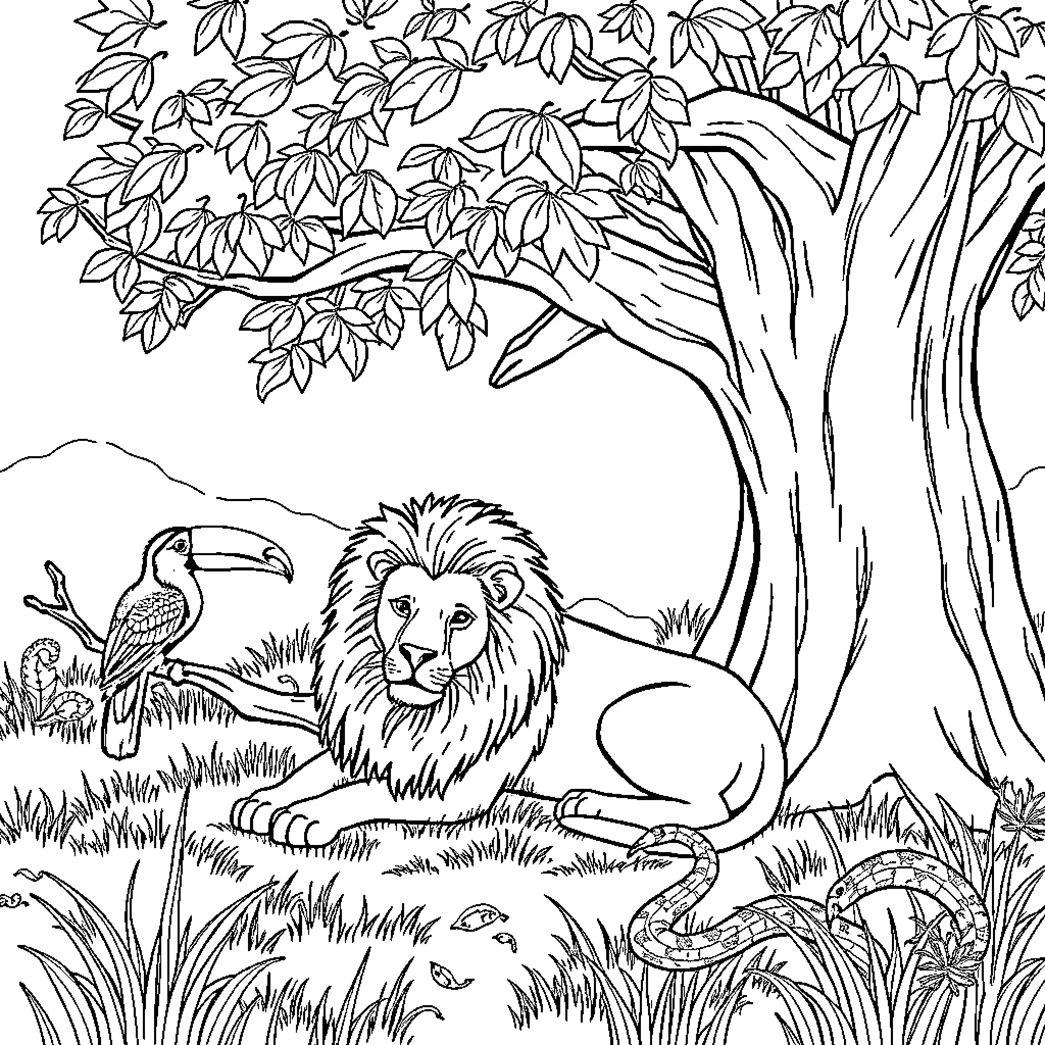 Lion resting peacefully in the lush forest Coloring Page (free black-and-white line drawing printable PDF for all, from beginners to advanced learners, including children, teens, adults, and seniors)