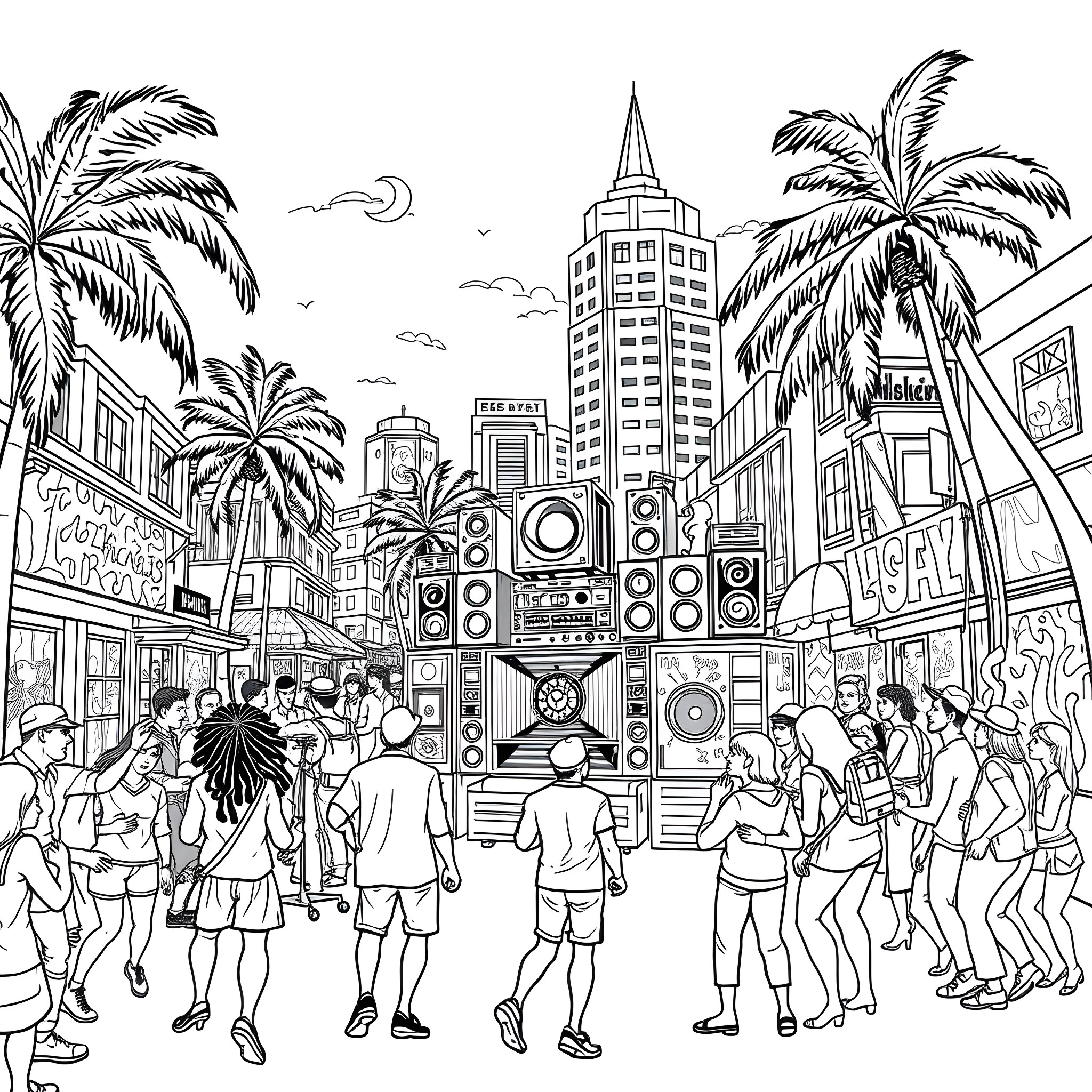 Reggae Soundsystem: Vibrant Urban Street Scene with Diverse Crowd Coloring Page (free black-and-white line drawing printable PDF for all, from beginners to advanced learners, including children, teens, adults, and seniors)
