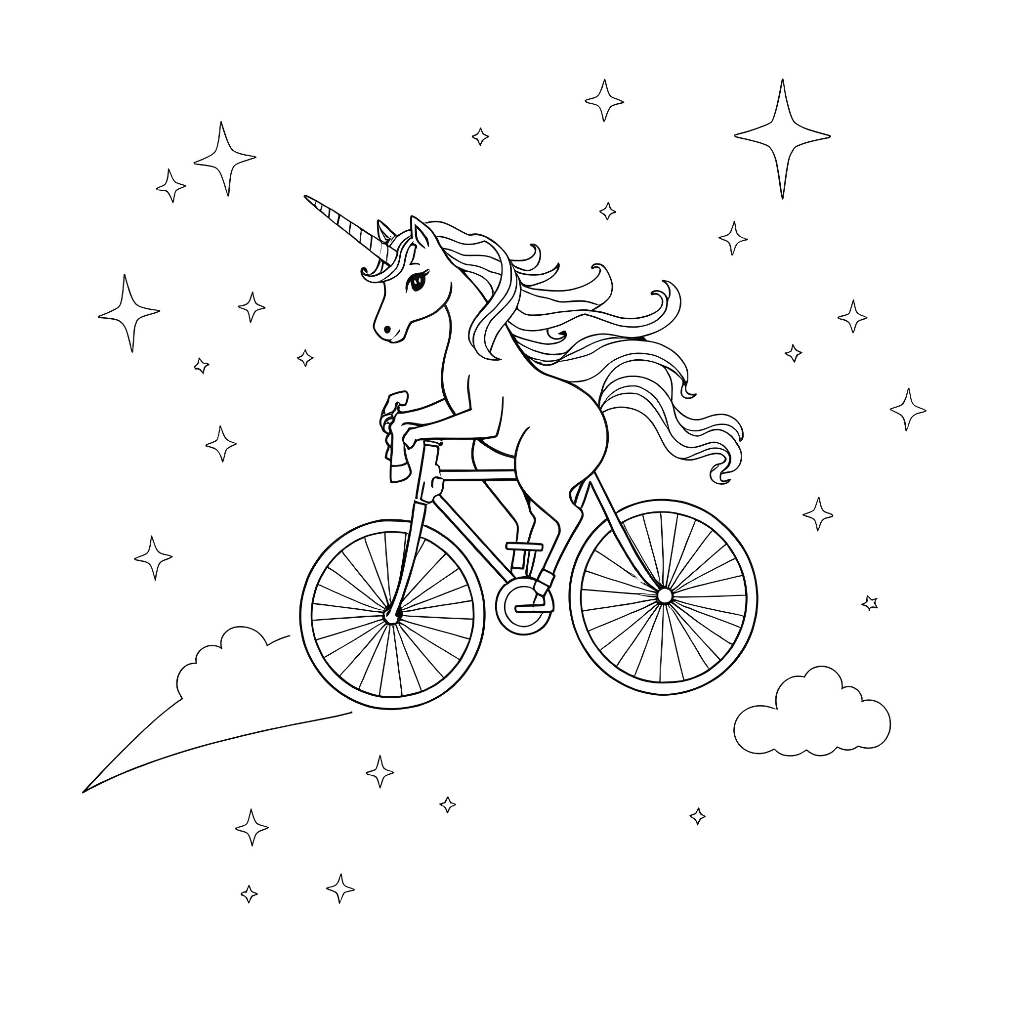 Shooting Star Unicorn Riding Bicycle in Starry Sky Coloring Page (free black-and-white line drawing printable PDF for all, from beginners to advanced learners, including children, teens, adults, and seniors)
