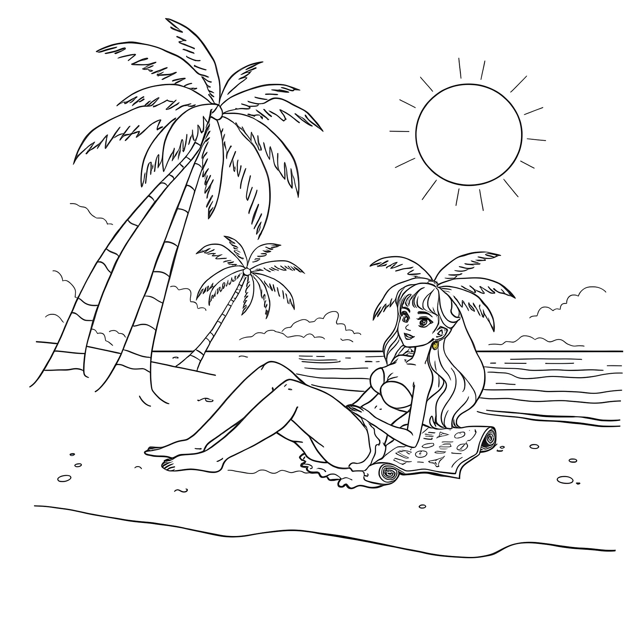 Nami relaxing on the beach under the sun Coloring Page (free black-and-white line drawing printable PDF for all, from beginners to advanced learners, including children, teens, adults, and seniors)