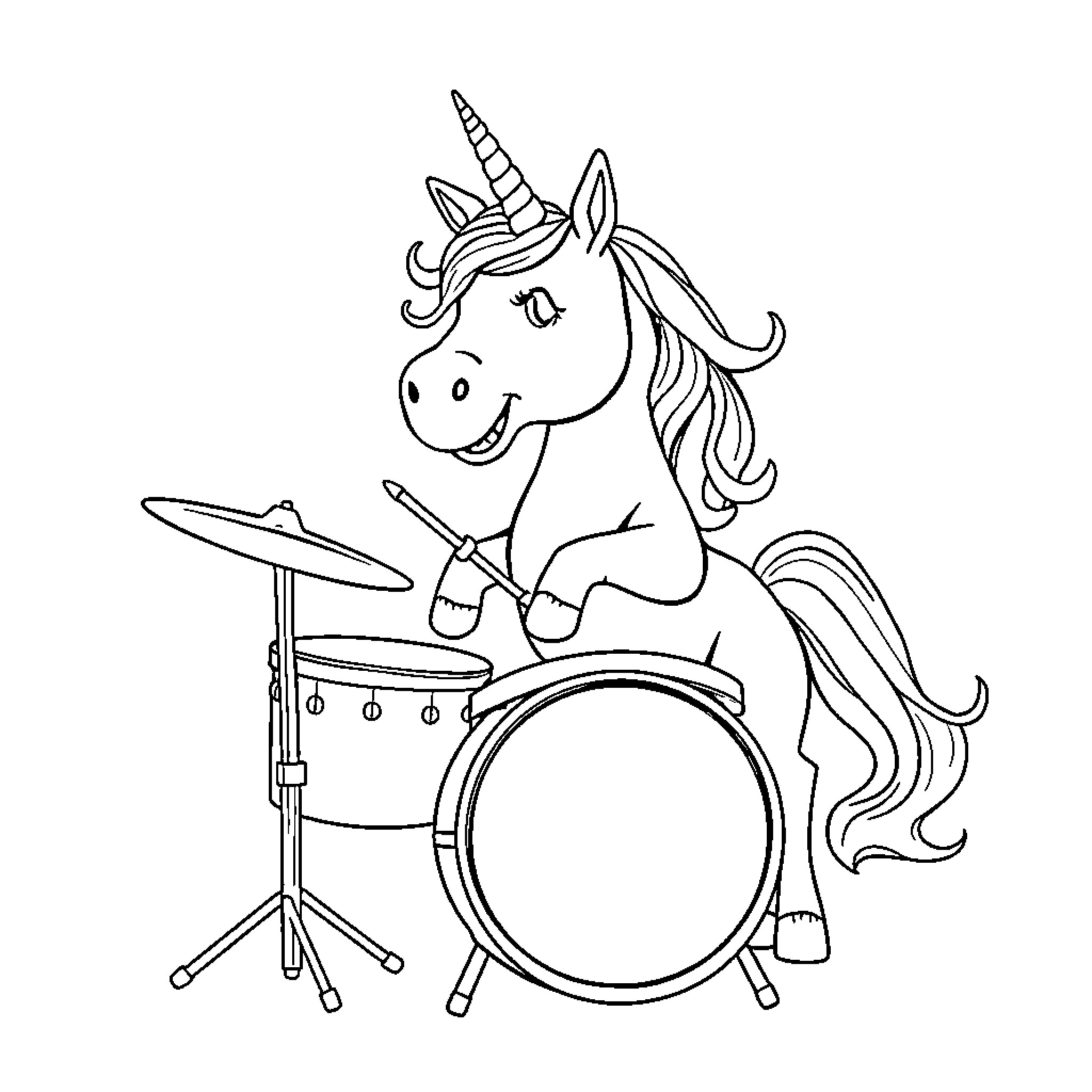 Unicorn drummer playing the drums happily Coloring Page (free black-and-white line drawing printable PDF for all, from beginners to advanced learners, including children, teens, adults, and seniors)