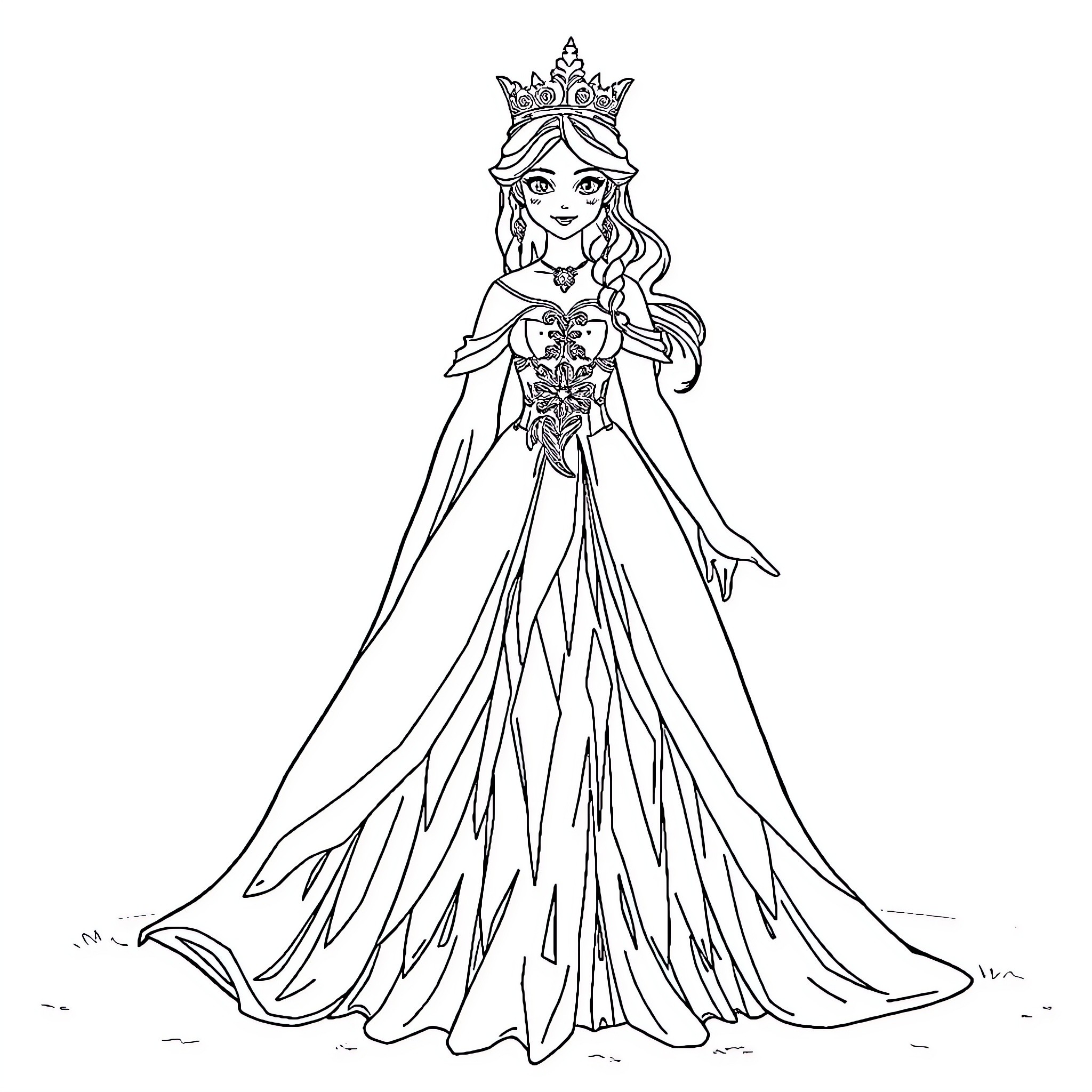 Snow Queen in Elegant Regal Attire Coloring Page (free black-and-white line drawing printable PDF for all, from beginners to advanced learners, including children, teens, adults, and seniors)