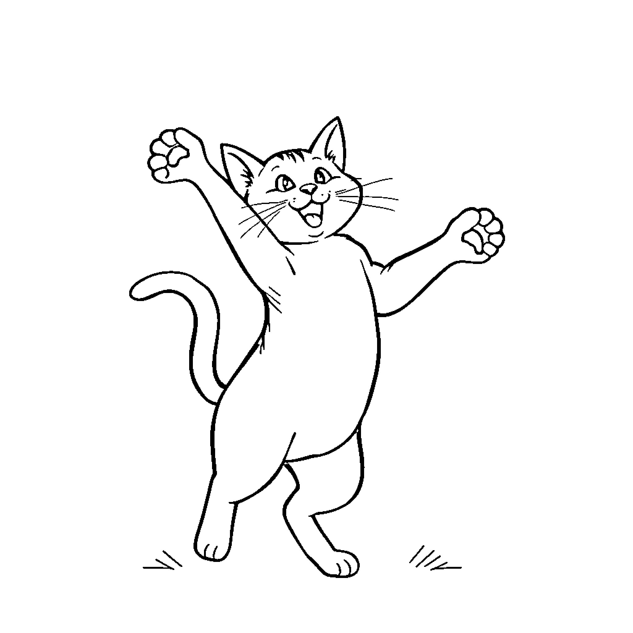 Cat enthusiastically stretching and playing Coloring Page (free black-and-white line drawing printable PDF for all, from beginners to advanced learners, including children, teens, adults, and seniors)