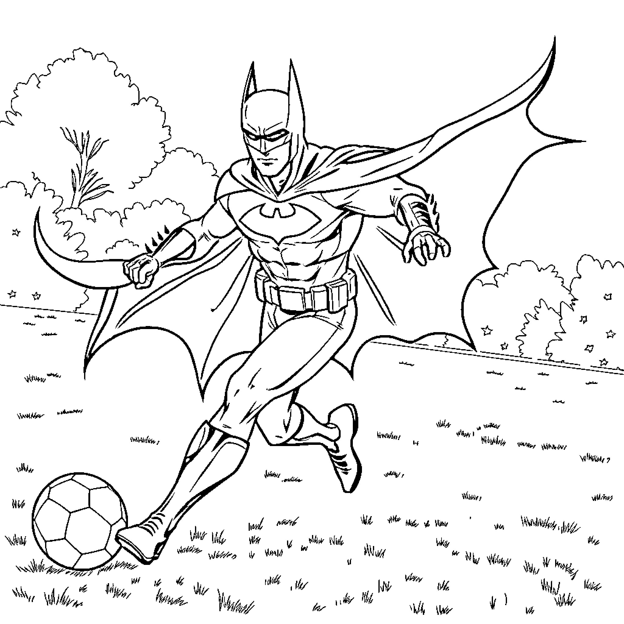 Batman taking action in the park Coloring Page (free black-and-white line drawing printable PDF for all, from beginners to advanced learners, including children, teens, adults, and seniors)