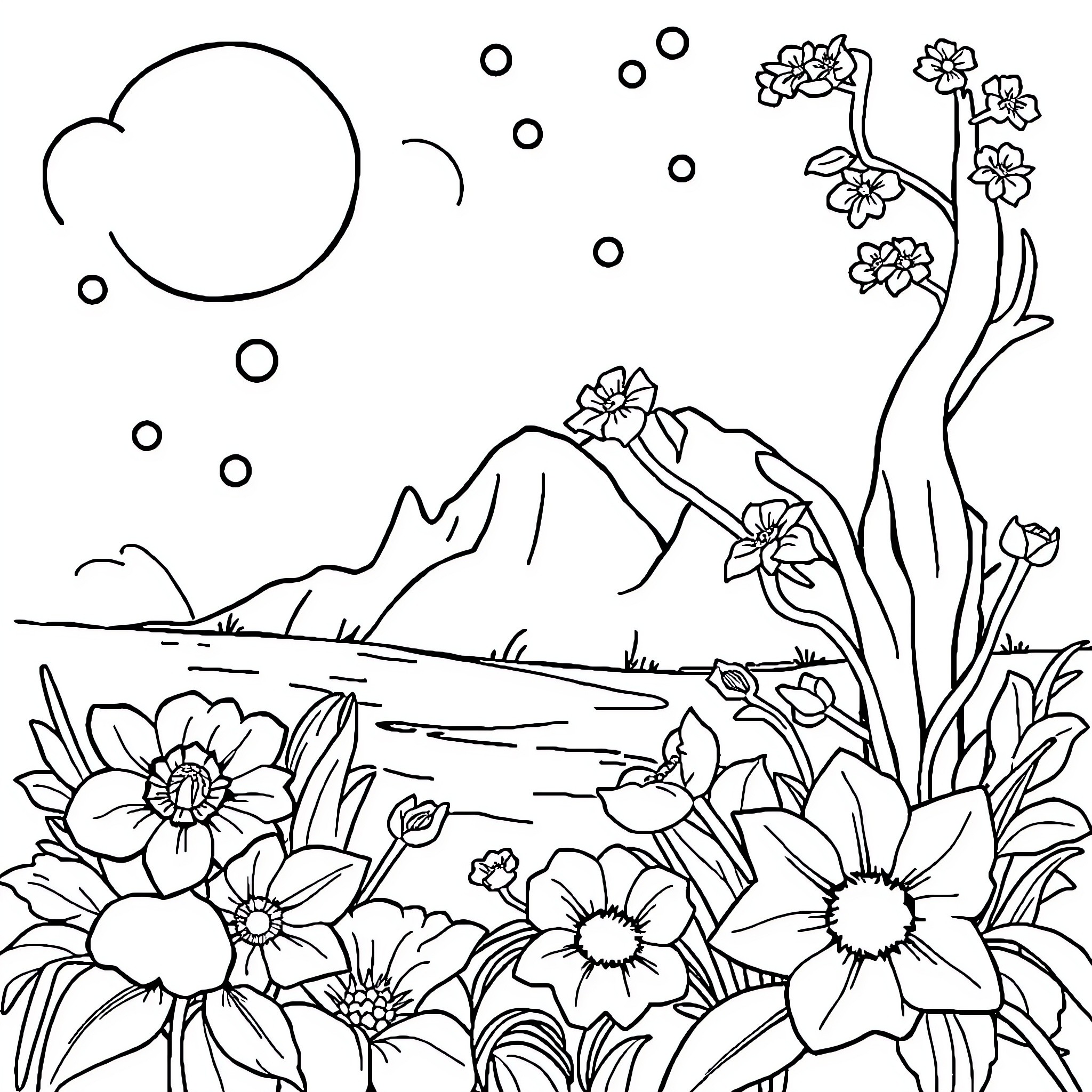 Cow enjoying the scenic mountain landscape with flowers Coloring Page (free black-and-white line drawing printable PDF for all, from beginners to advanced learners, including children, teens, adults, and seniors)