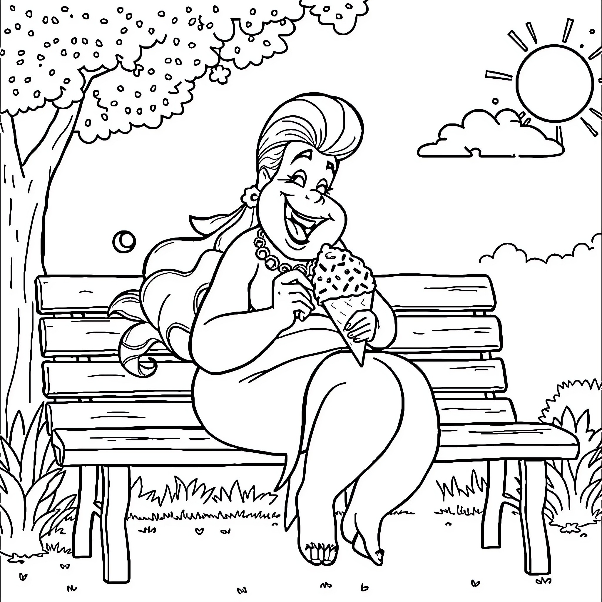 Ursula enjoying a lovely day in the park Coloring Page (free black-and-white line drawing printable PDF for all, from beginners to advanced learners, including children, teens, adults, and seniors)