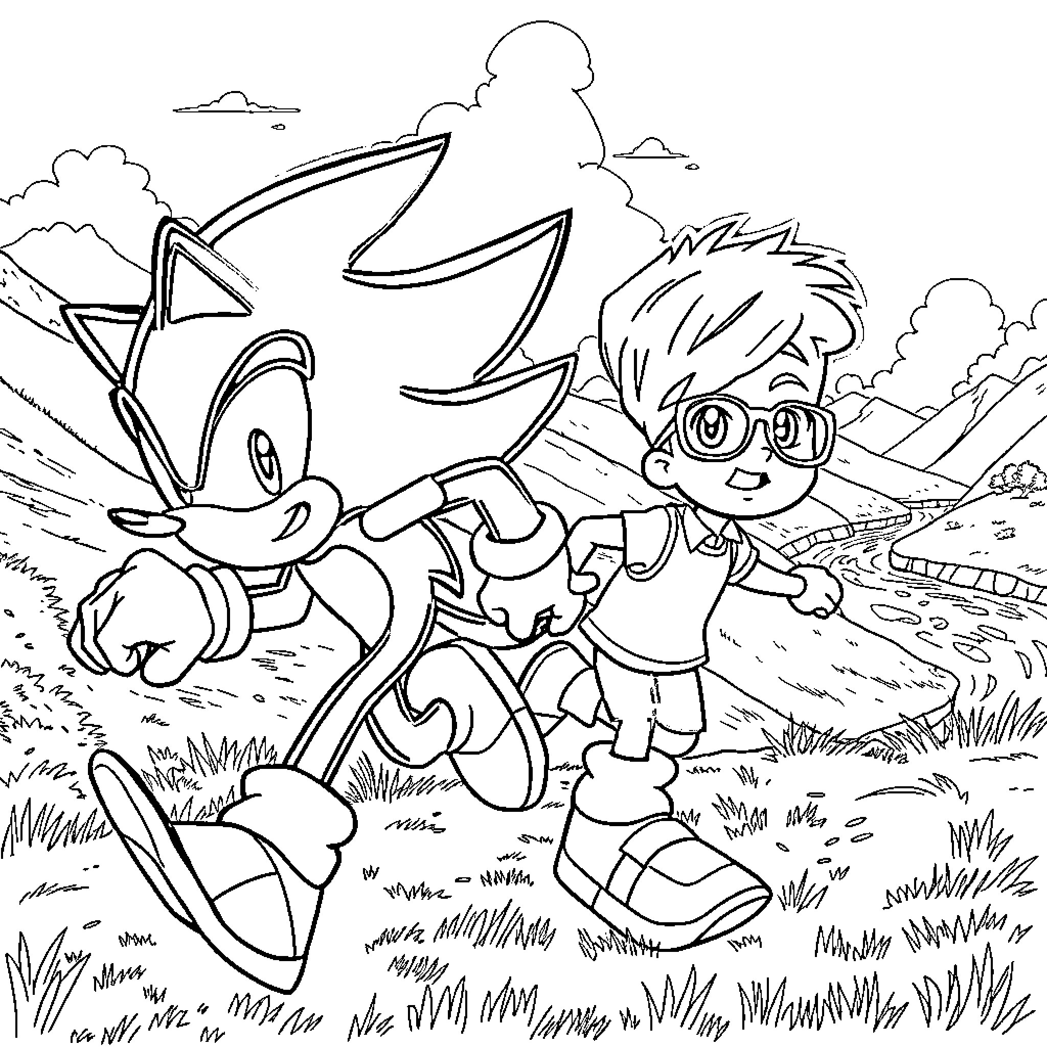 Shadow Adventure with Playful Companions Coloring Page (free black-and-white line drawing printable PDF for all, from beginners to advanced learners, including children, teens, adults, and seniors)