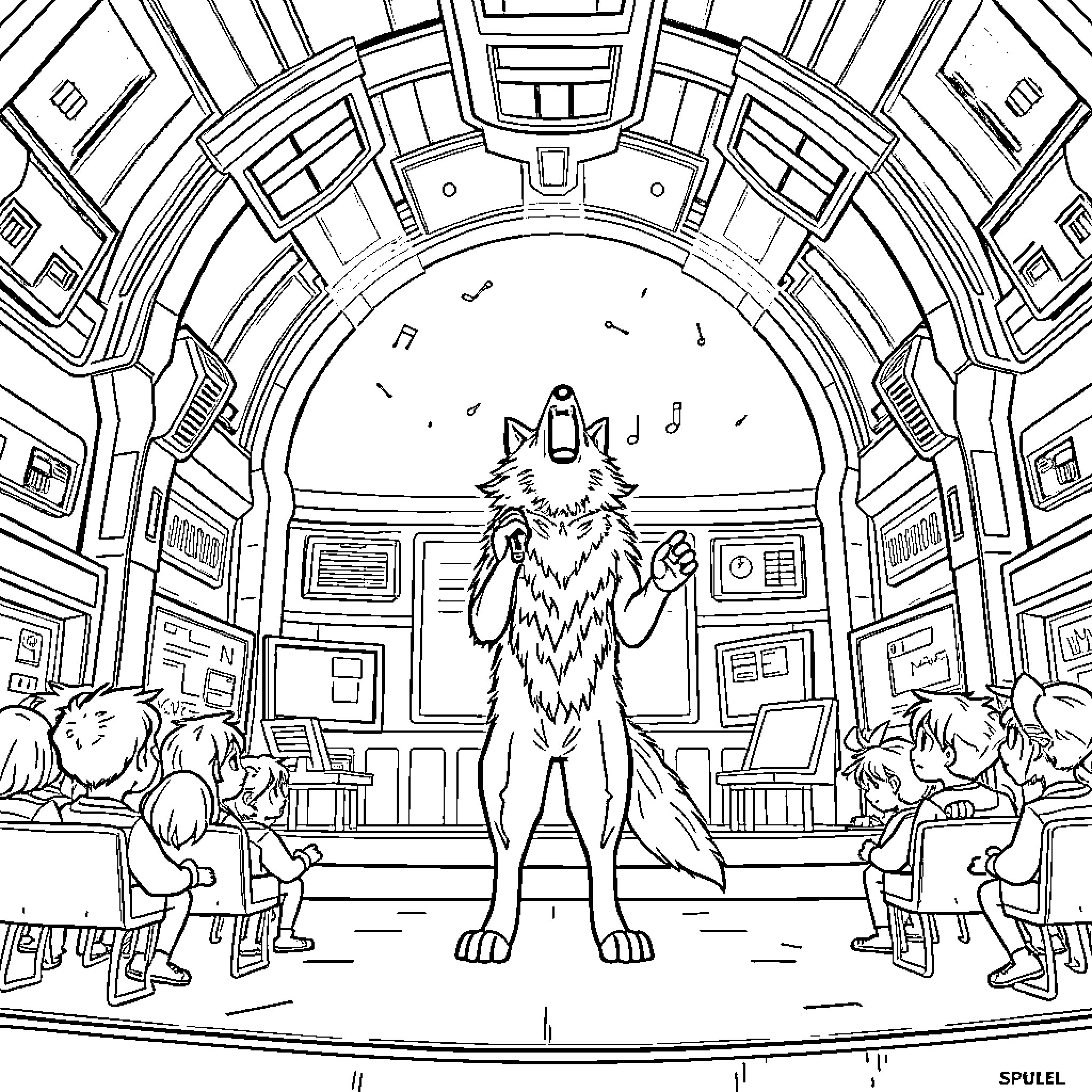 Wolf Performing on a Grand Stage Coloring Page (free black-and-white line drawing printable PDF for all, from beginners to advanced learners, including children, teens, adults, and seniors)