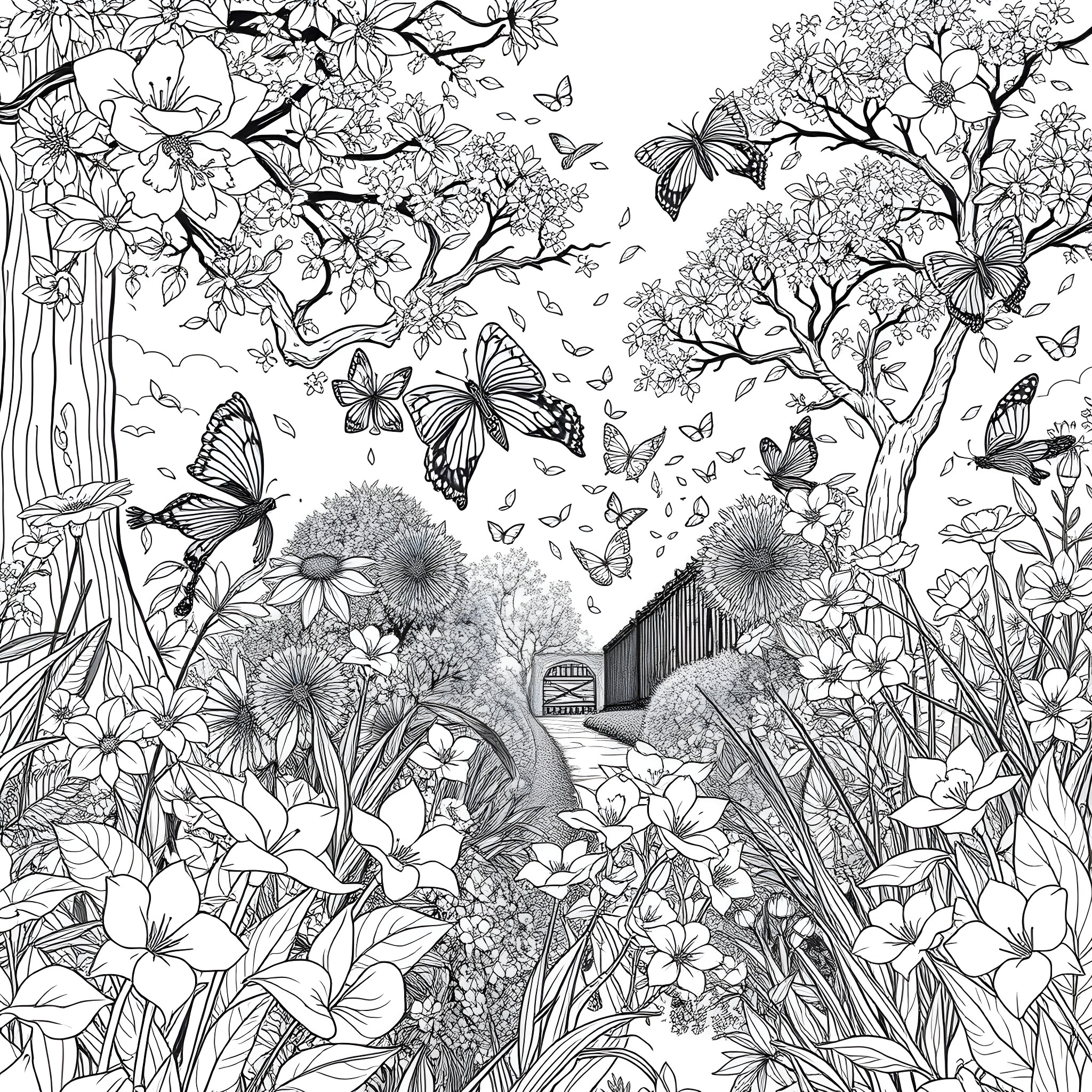 Flower Garden with Butterflies and Trees Coloring Page (free black-and-white line drawing printable PDF for all, from beginners to advanced learners, including children, teens, adults, and seniors)