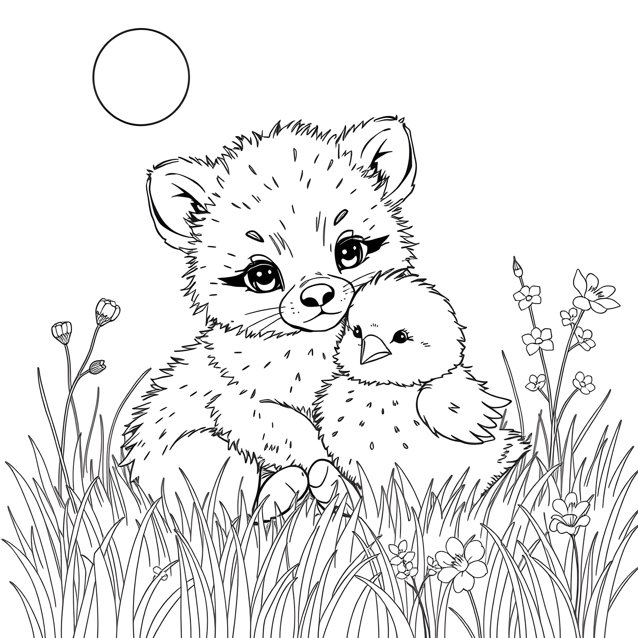 Animal Friends Enjoying Nature Together Coloring Page (free black-and-white line drawing printable PDF for all, from beginners to advanced learners, including children, teens, adults, and seniors)