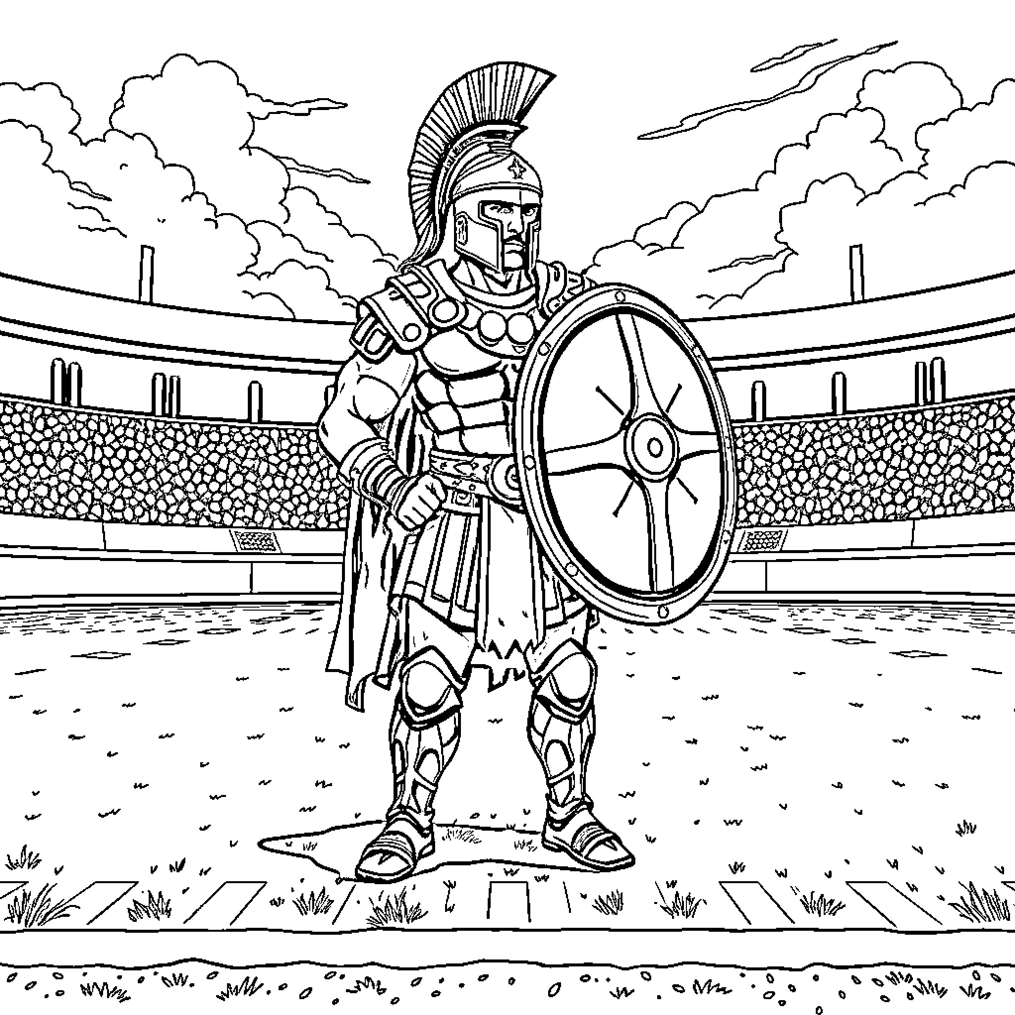Spartan warrior stands ready in the arena Coloring Page (free black-and-white line drawing printable PDF for all, from beginners to advanced learners, including children, teens, adults, and seniors)
