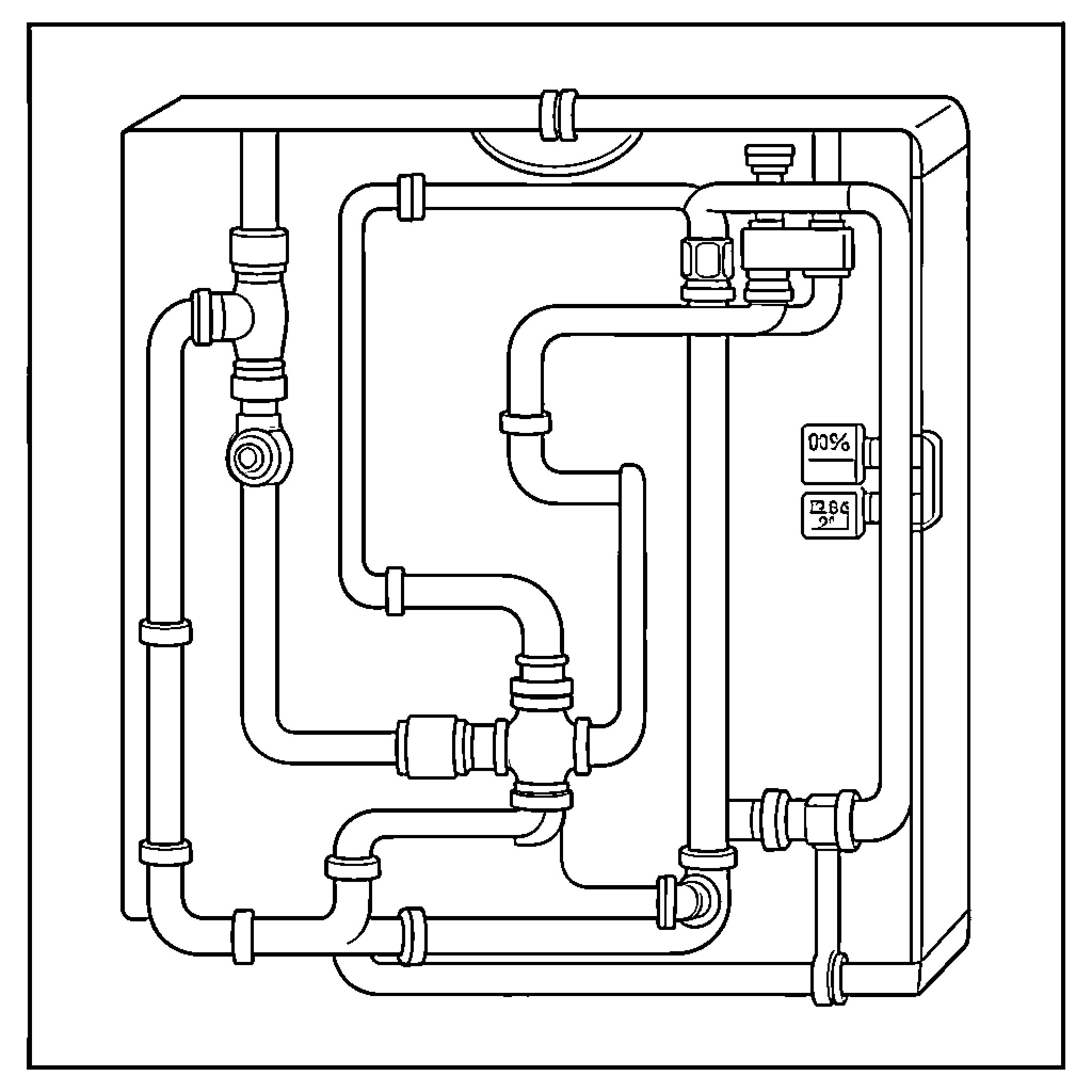 Domestic Water Circuit showing complex piping system layout Coloring Page (free black-and-white line drawing printable PDF for all, from beginners to advanced learners, including children, teens, adults, and seniors)