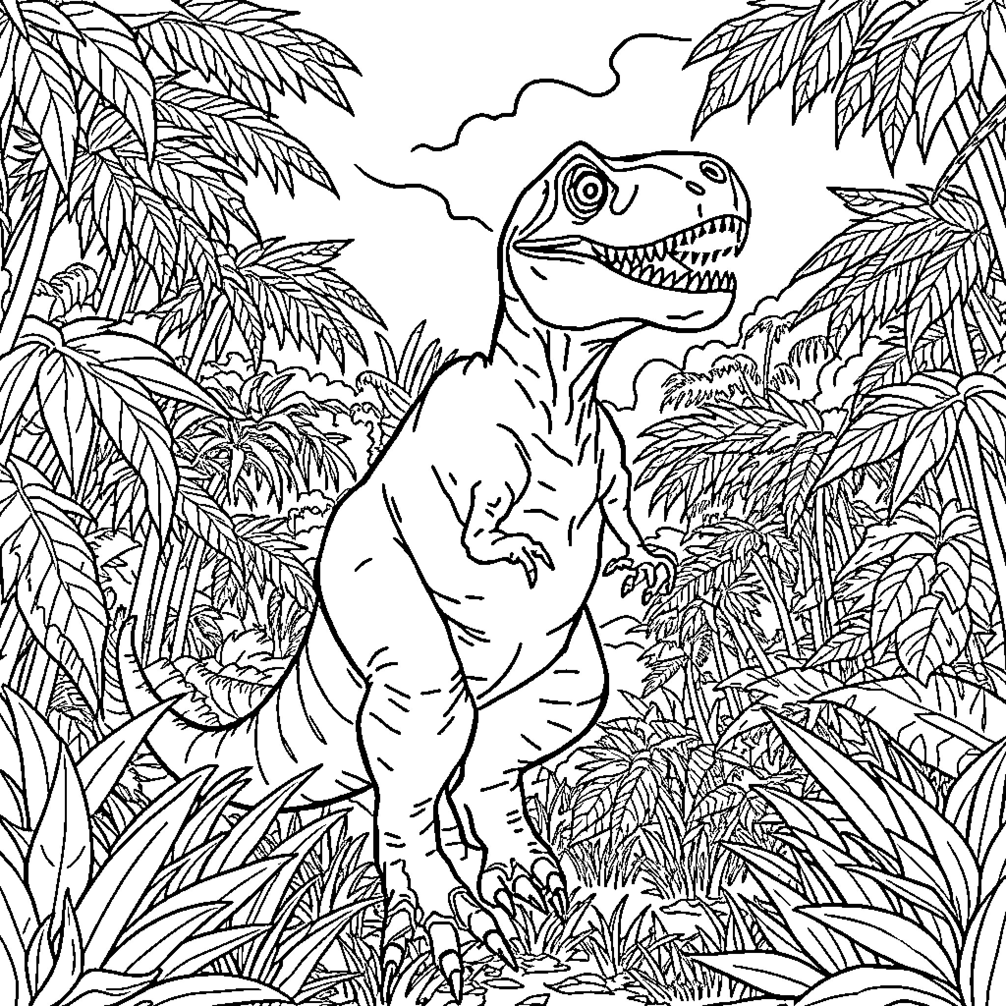 T-Rex Roaring Amidst Lush Foliage Coloring Page (free black-and-white line drawing printable PDF for all, from beginners to advanced learners, including children, teens, adults, and seniors)