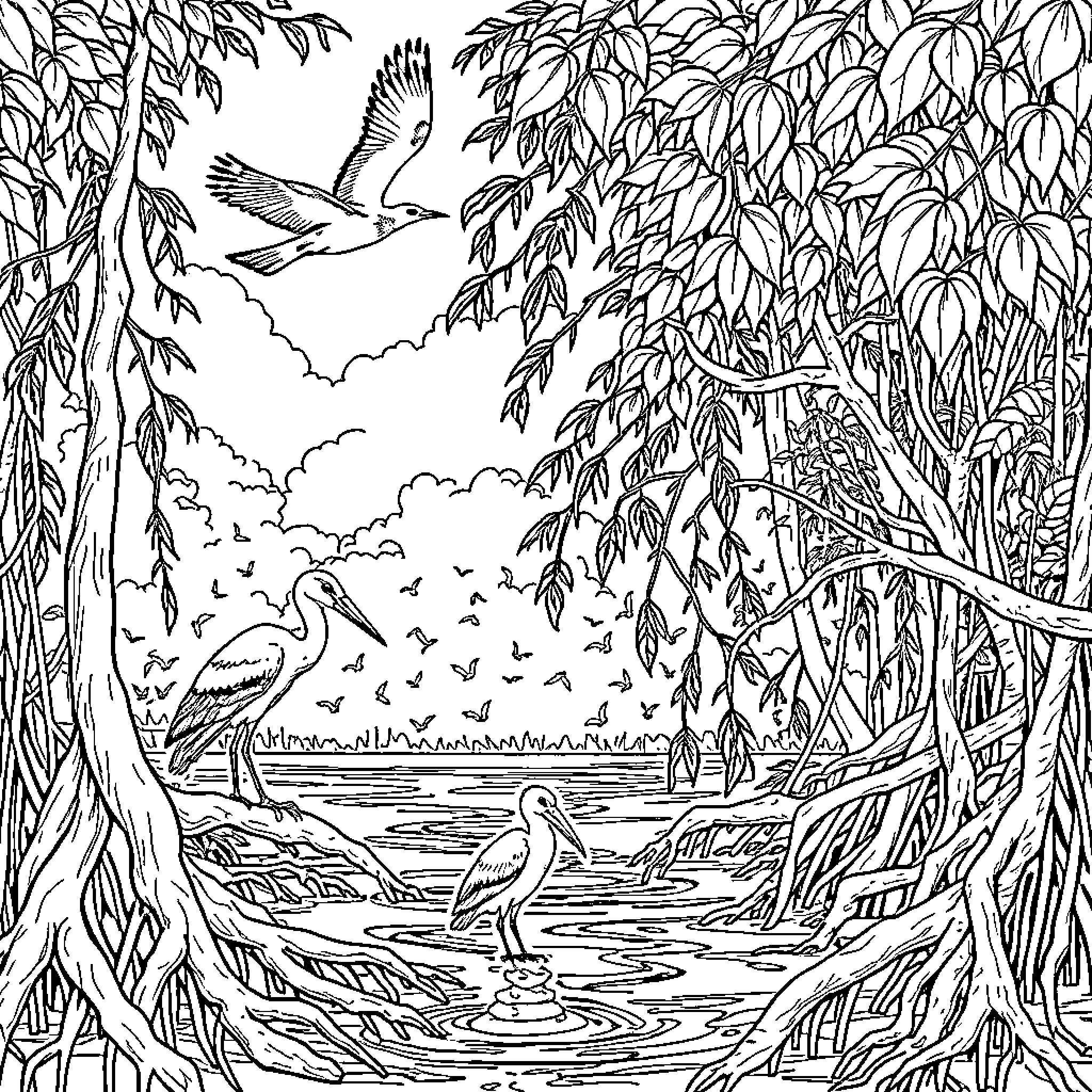 Bird flying over tranquil wetland scene Coloring Page (free black-and-white line drawing printable PDF for all, from beginners to advanced learners, including children, teens, adults, and seniors)