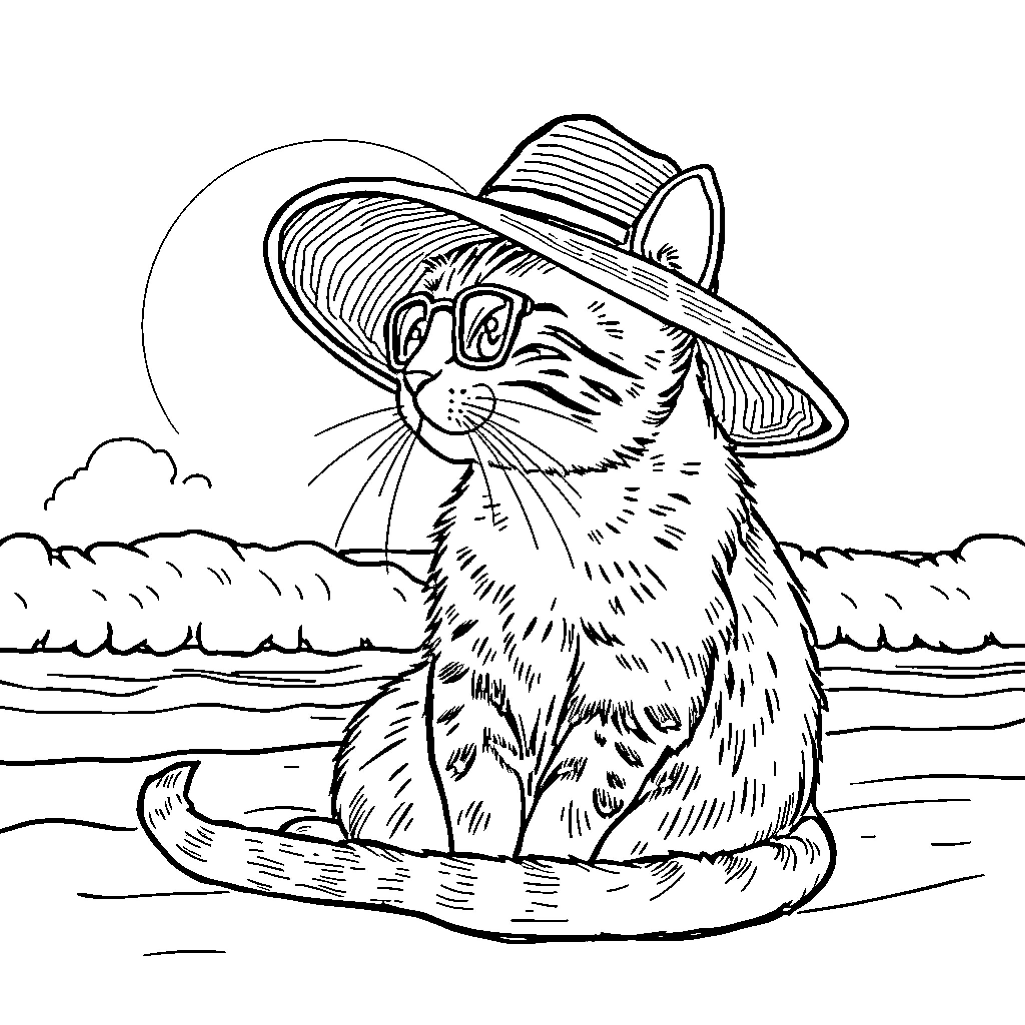 Cat in a Sunhat by the Lake Coloring Page (free black-and-white line drawing printable PDF for all, from beginners to advanced learners, including children, teens, adults, and seniors)