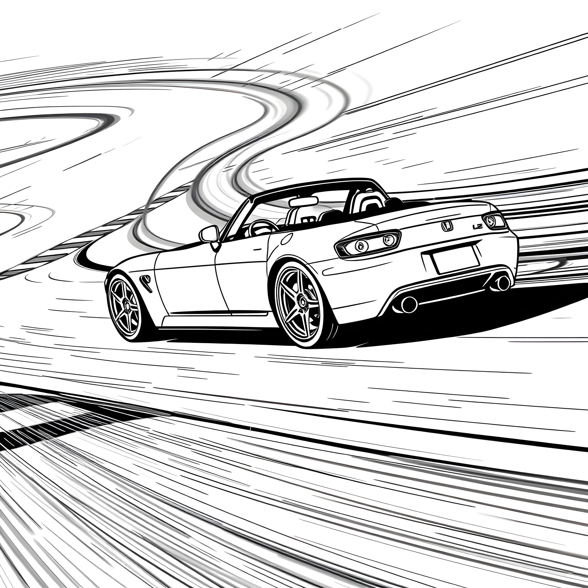 Honda S2000 speeding down a winding road Coloring Page (free black-and-white line drawing printable PDF for all, from beginners to advanced learners, including children, teens, adults, and seniors)