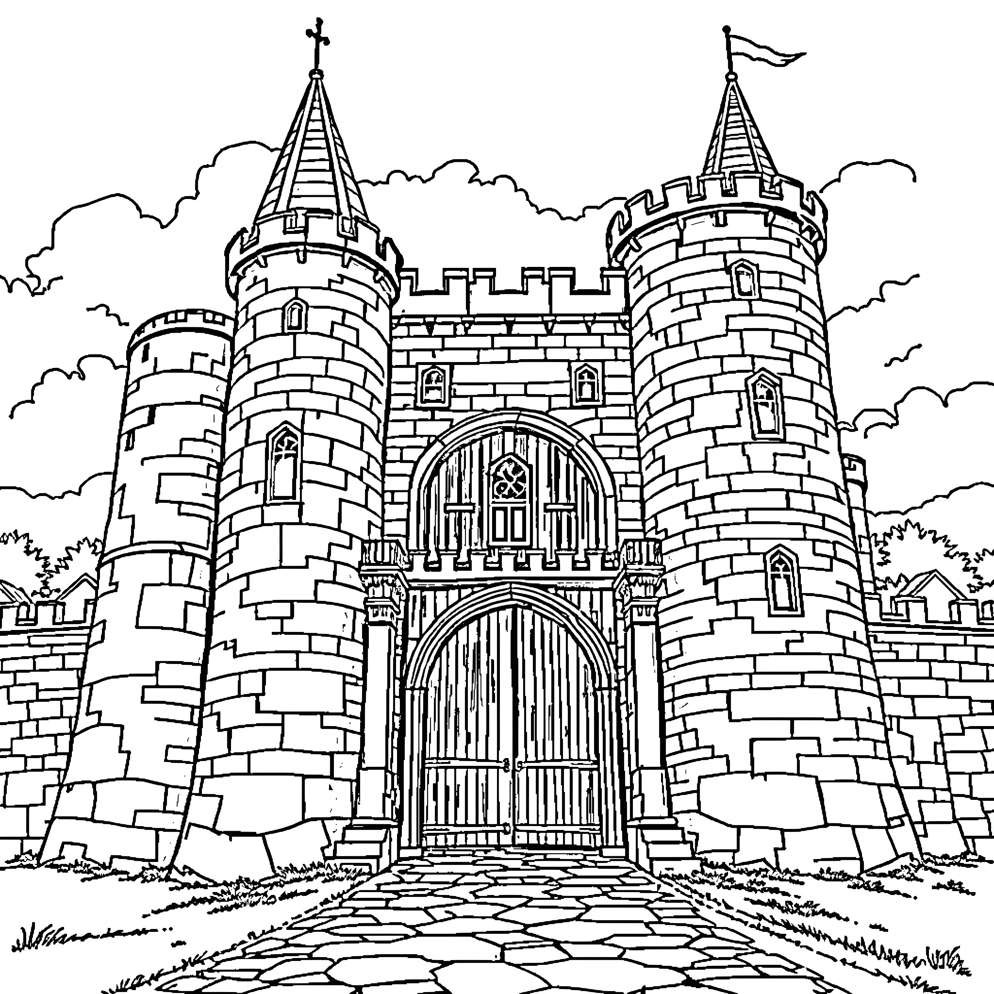 Castle with Turrets and Archway Entrance Coloring Page (free black-and-white line drawing printable PDF for all, from beginners to advanced learners, including children, teens, adults, and seniors)