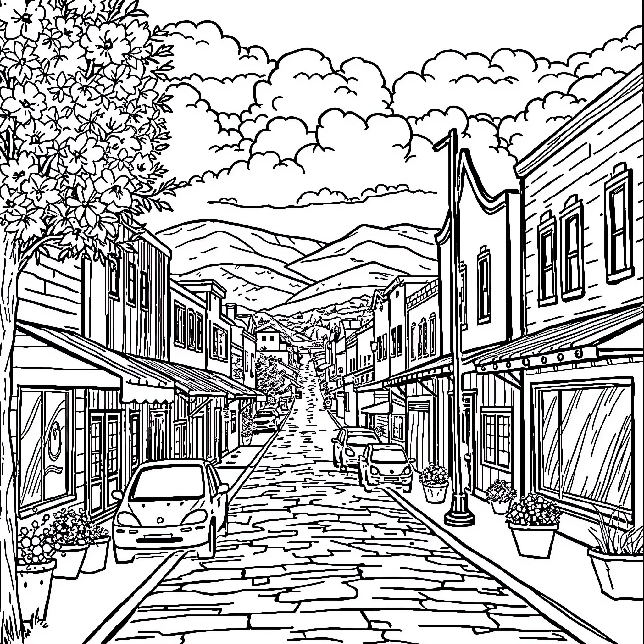 Edcouch: Scenic Small Town Street with Shops and Clouds Coloring Page (free black-and-white line drawing printable PDF for all, from beginners to advanced learners, including children, teens, adults, and seniors)