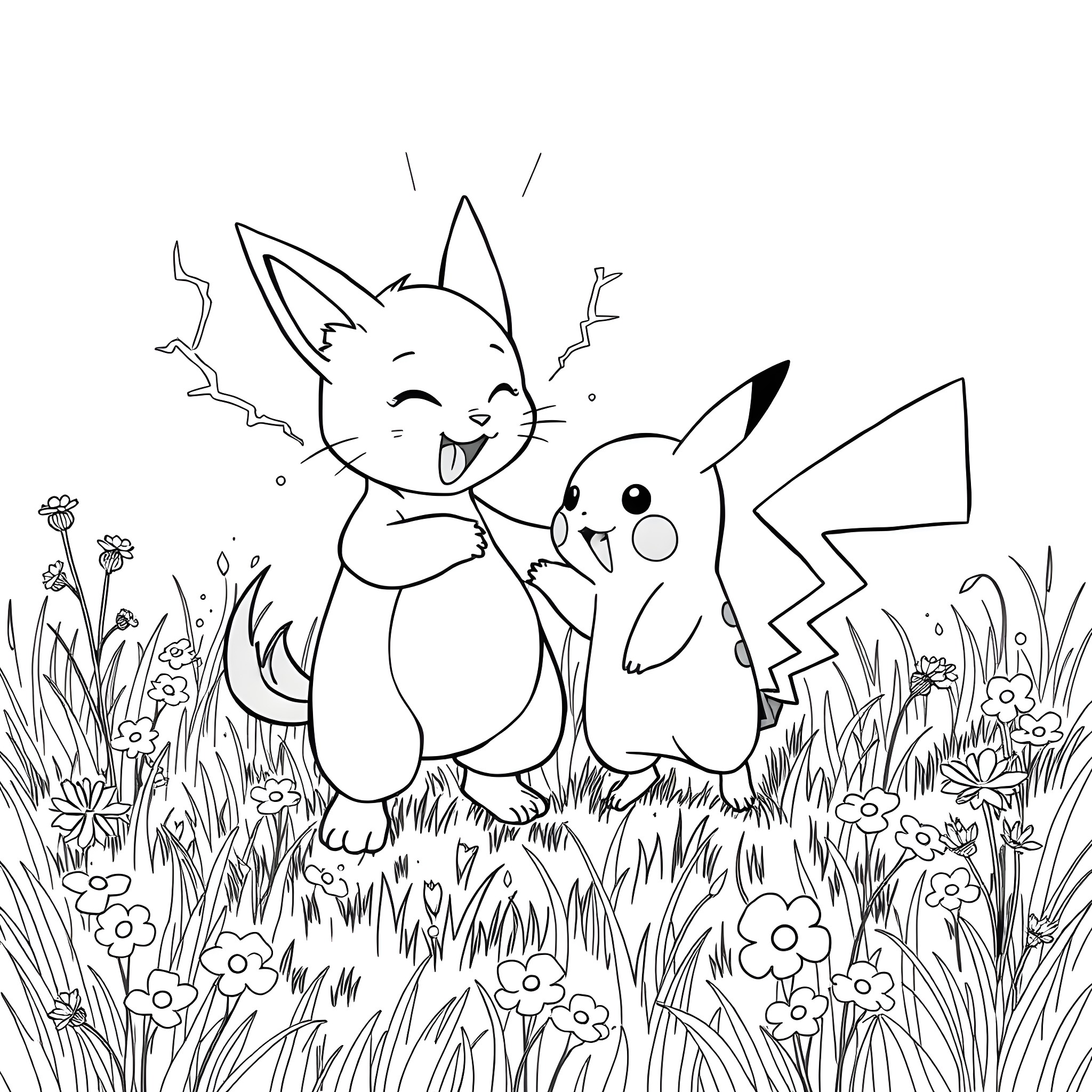 Tummy Tom's Joyful Romp with Pikachu in the Meadow Coloring Page (free black-and-white line drawing printable PDF for all, from beginners to advanced learners, including children, teens, adults, and seniors)