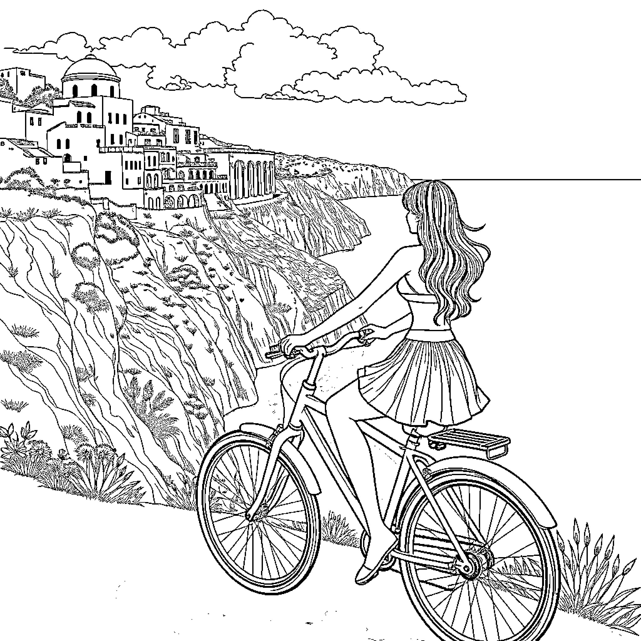 Girl riding bicycle along coastal town Coloring Page (free black-and-white line drawing printable PDF for all, from beginners to advanced learners, including children, teens, adults, and seniors)
