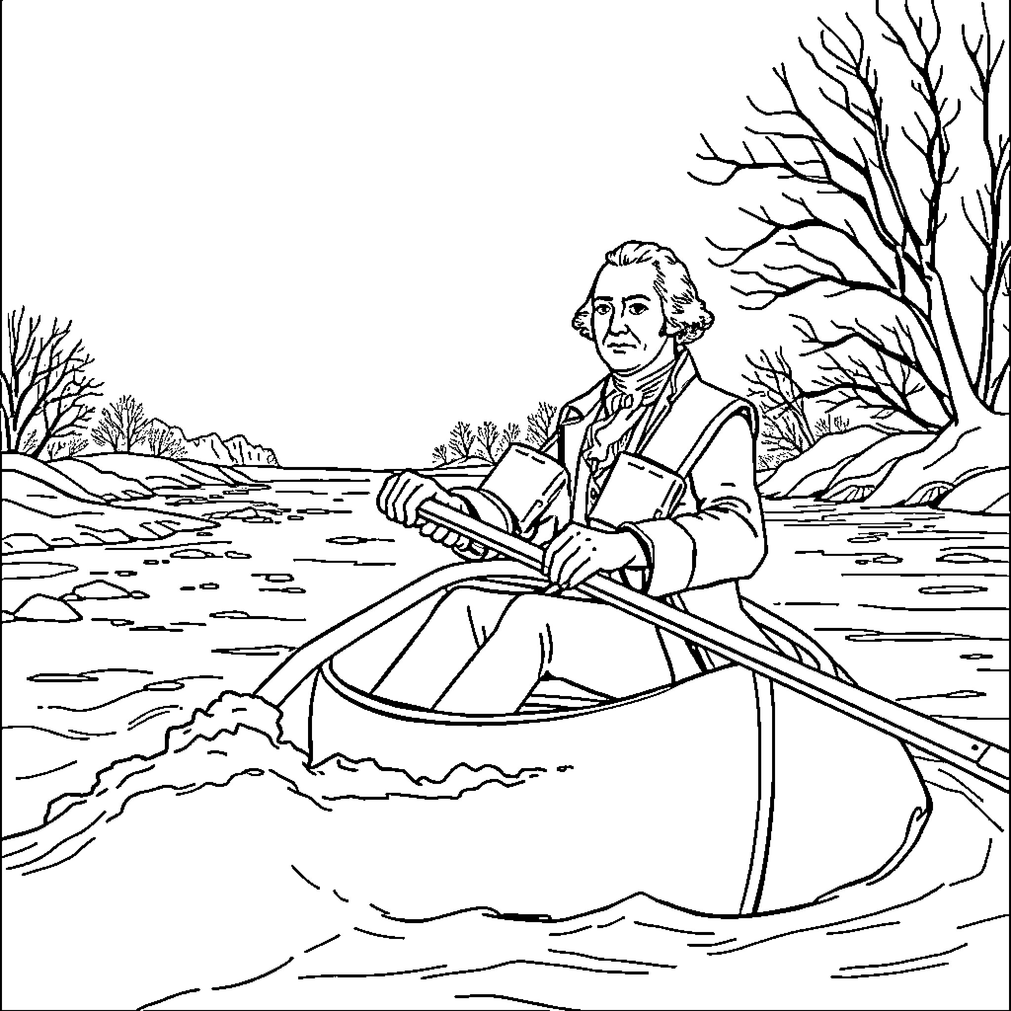George Washington Rowing Across the Delaware River Coloring Page (free black-and-white line drawing printable PDF for all, from beginners to advanced learners, including children, teens, adults, and seniors)