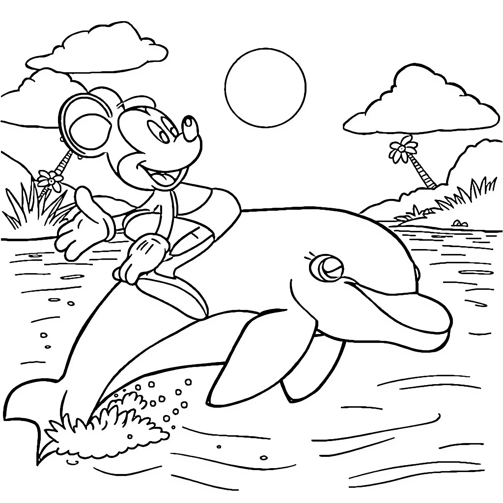 Mickey Mouse riding a friendly dolphin in the ocean Coloring Page (free black-and-white line drawing printable PDF for all, from beginners to advanced learners, including children, teens, adults, and seniors)