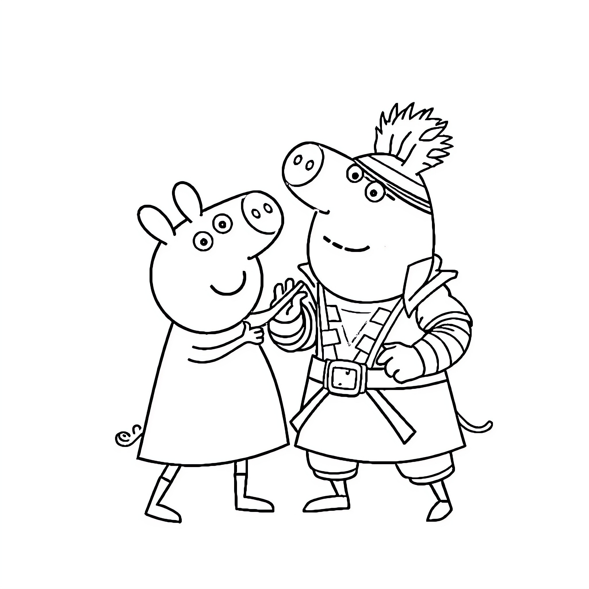 Pepa Pig and friend in costume adventure Coloring Page (free black-and-white line drawing printable PDF for all, from beginners to advanced learners, including children, teens, adults, and seniors)