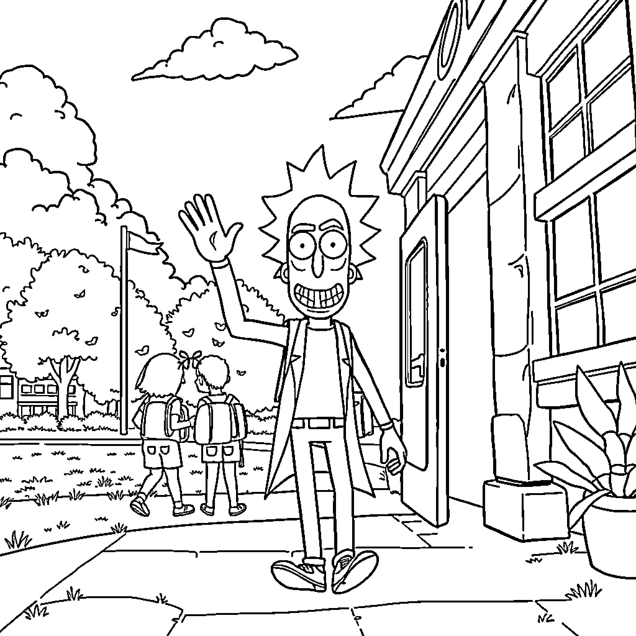 Rick's Energetic Waving in Cheerful City Backdrop Coloring Page (free black-and-white line drawing printable PDF for all, from beginners to advanced learners, including children, teens, adults, and seniors)