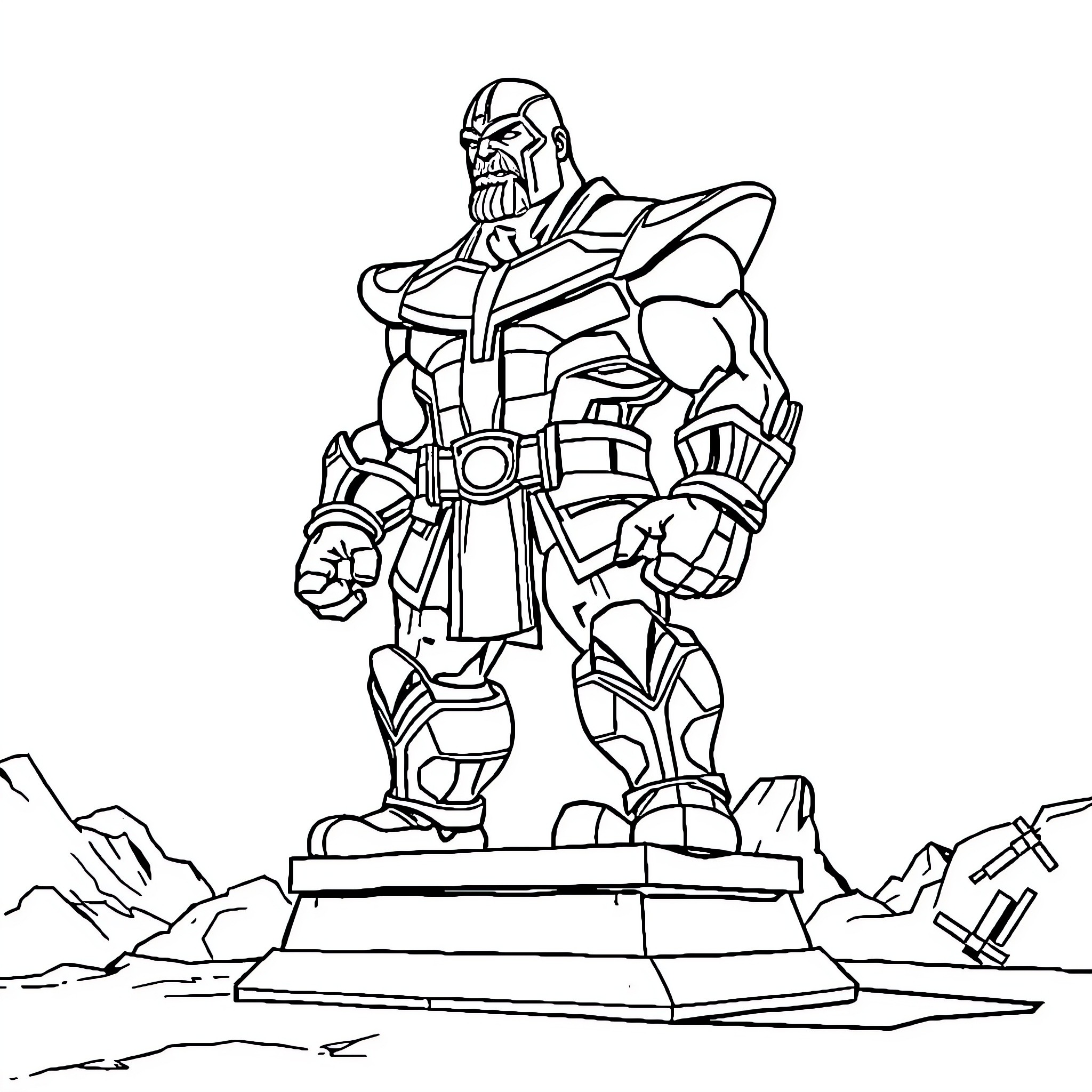 Thanos standing on a pedestal in a rocky landscape Coloring Page (free black-and-white line drawing printable PDF for all, from beginners to advanced learners, including children, teens, adults, and seniors)