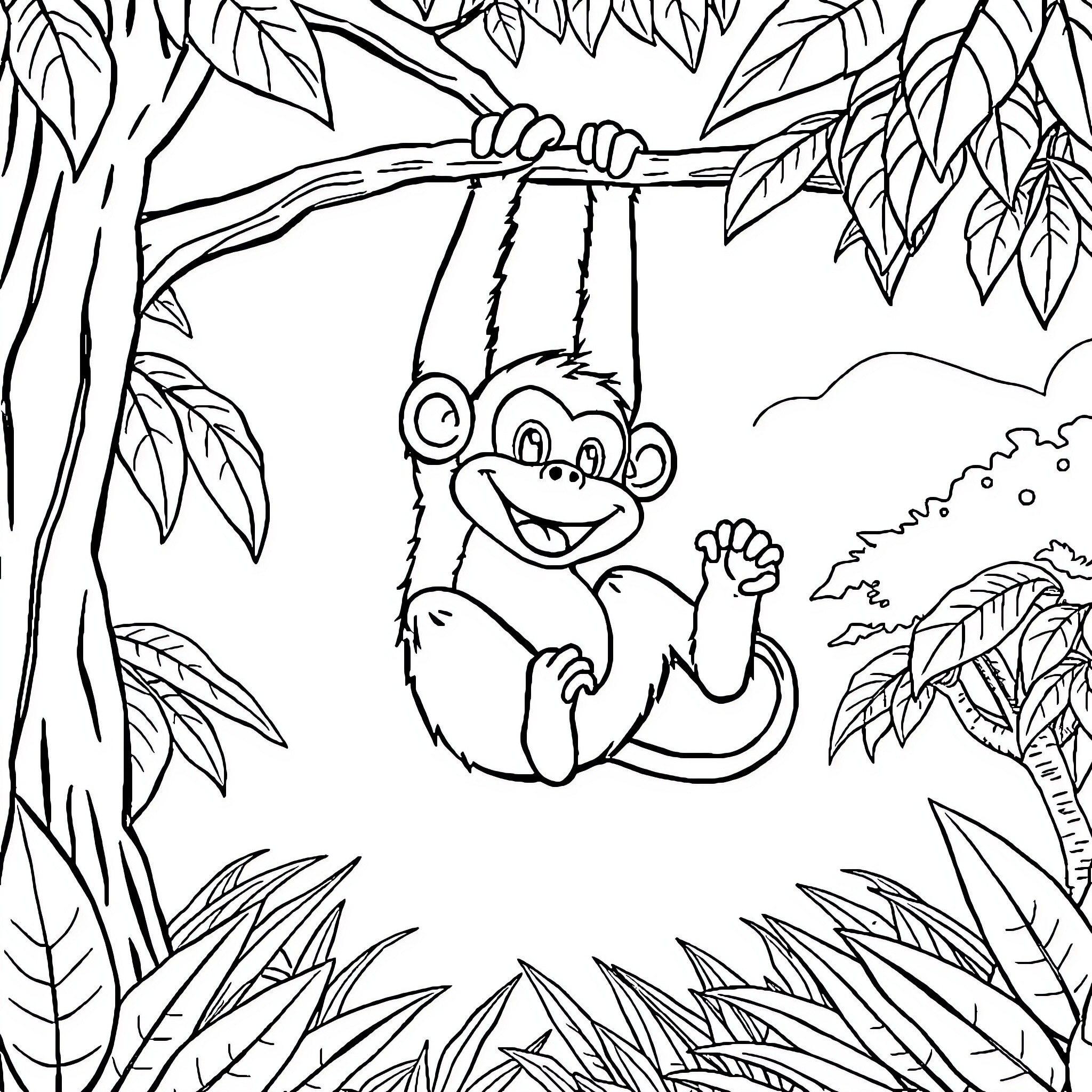 Monkey swinging happily in jungle scene Coloring Page (free black-and-white line drawing printable PDF for all, from beginners to advanced learners, including children, teens, adults, and seniors)