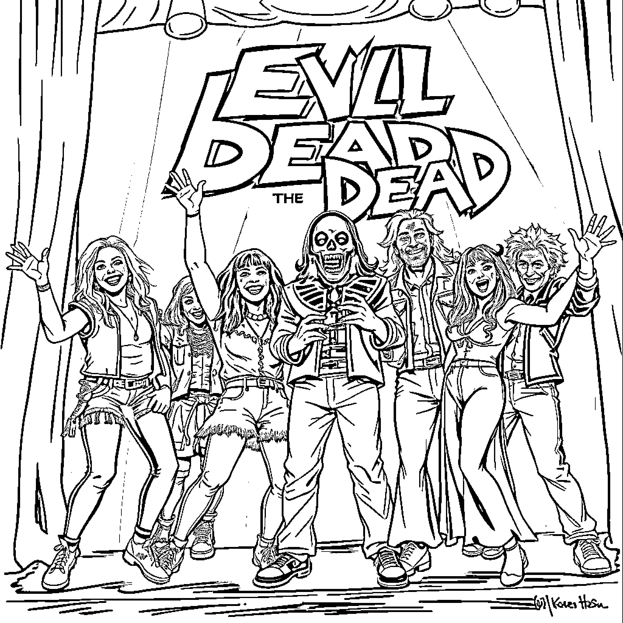 Evil Dead: The Dead Posing For a Group Shot Coloring Page (free black-and-white line drawing printable PDF for all, from beginners to advanced learners, including children, teens, adults, and seniors)