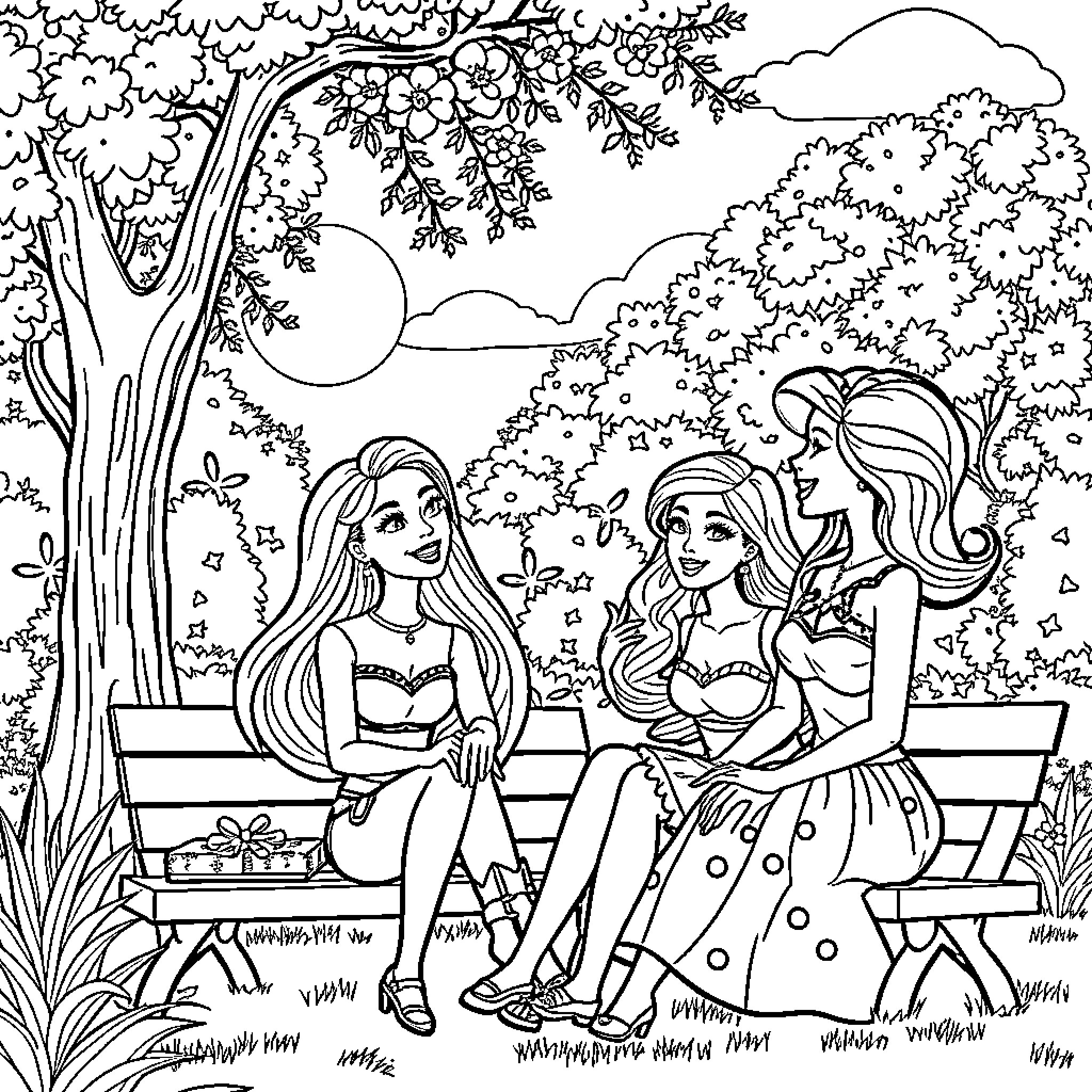 Barbie friends enjoying a summer day outdoors Coloring Page (free black-and-white line drawing printable PDF for all, from beginners to advanced learners, including children, teens, adults, and seniors)