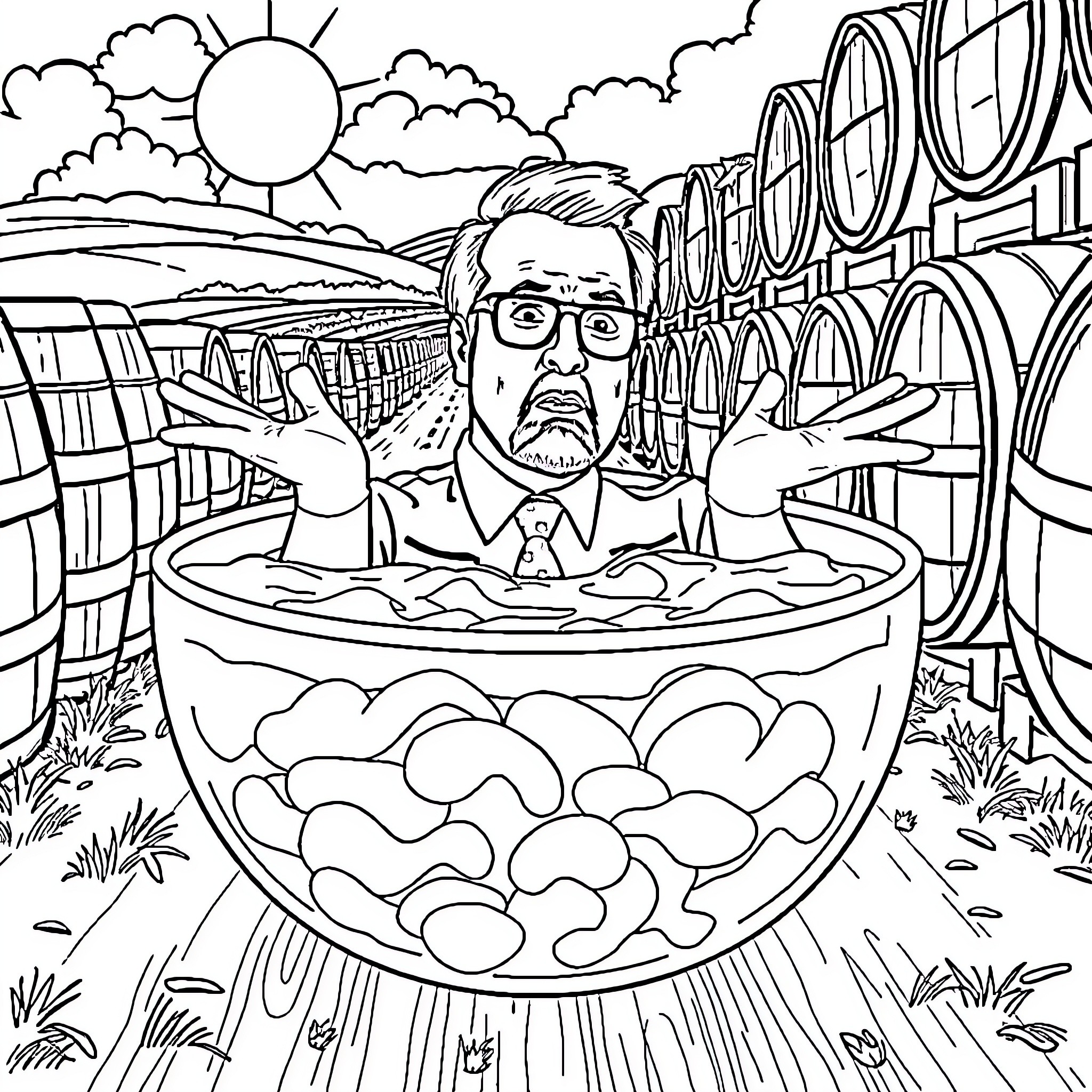 Dwight's Relaxing Day in the Countryside Coloring Page (free black-and-white line drawing printable PDF for all, from beginners to advanced learners, including children, teens, adults, and seniors)