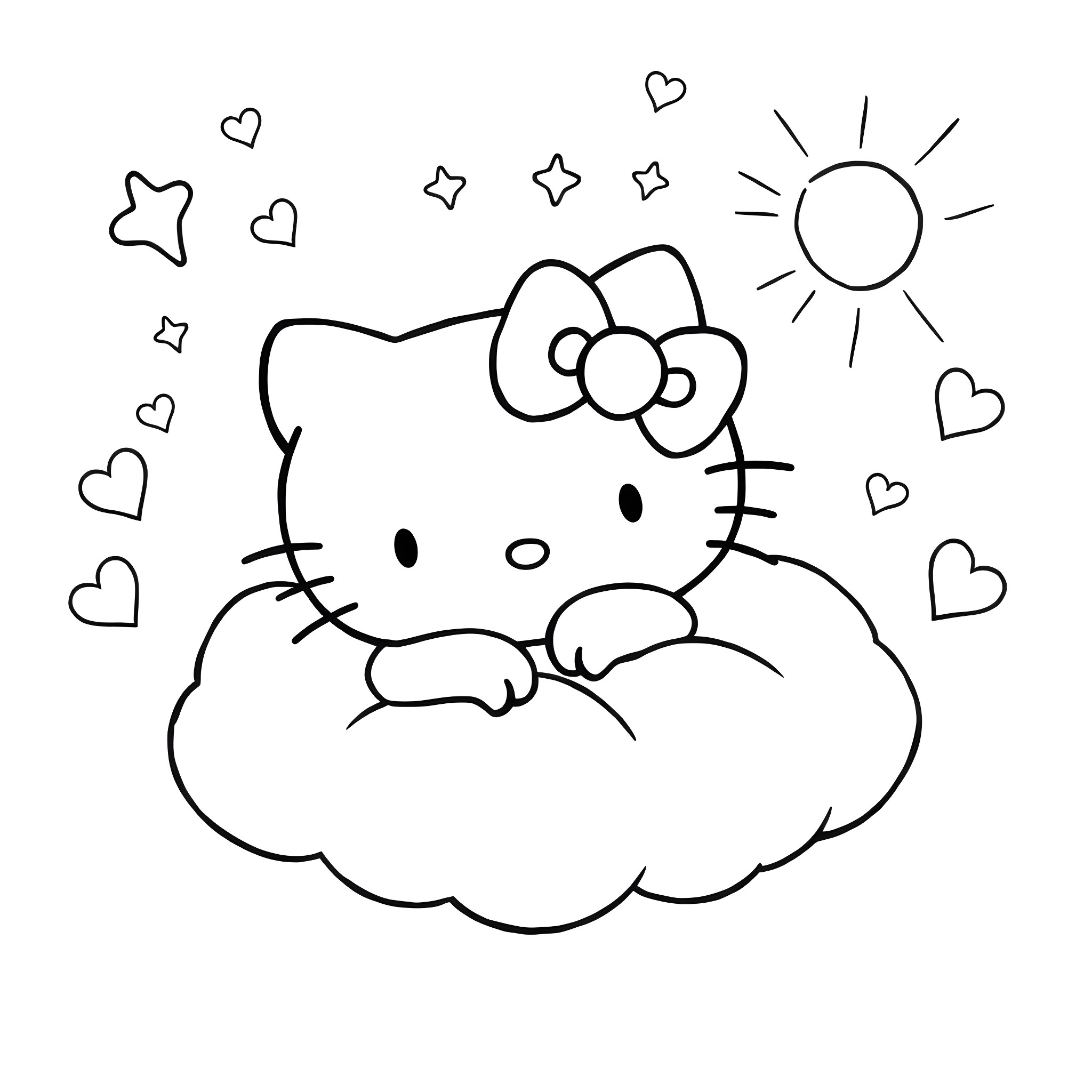 Hello Kitty resting peacefully on a cloud Coloring Page (free black-and-white line drawing printable PDF for all, from beginners to advanced learners, including children, teens, adults, and seniors)
