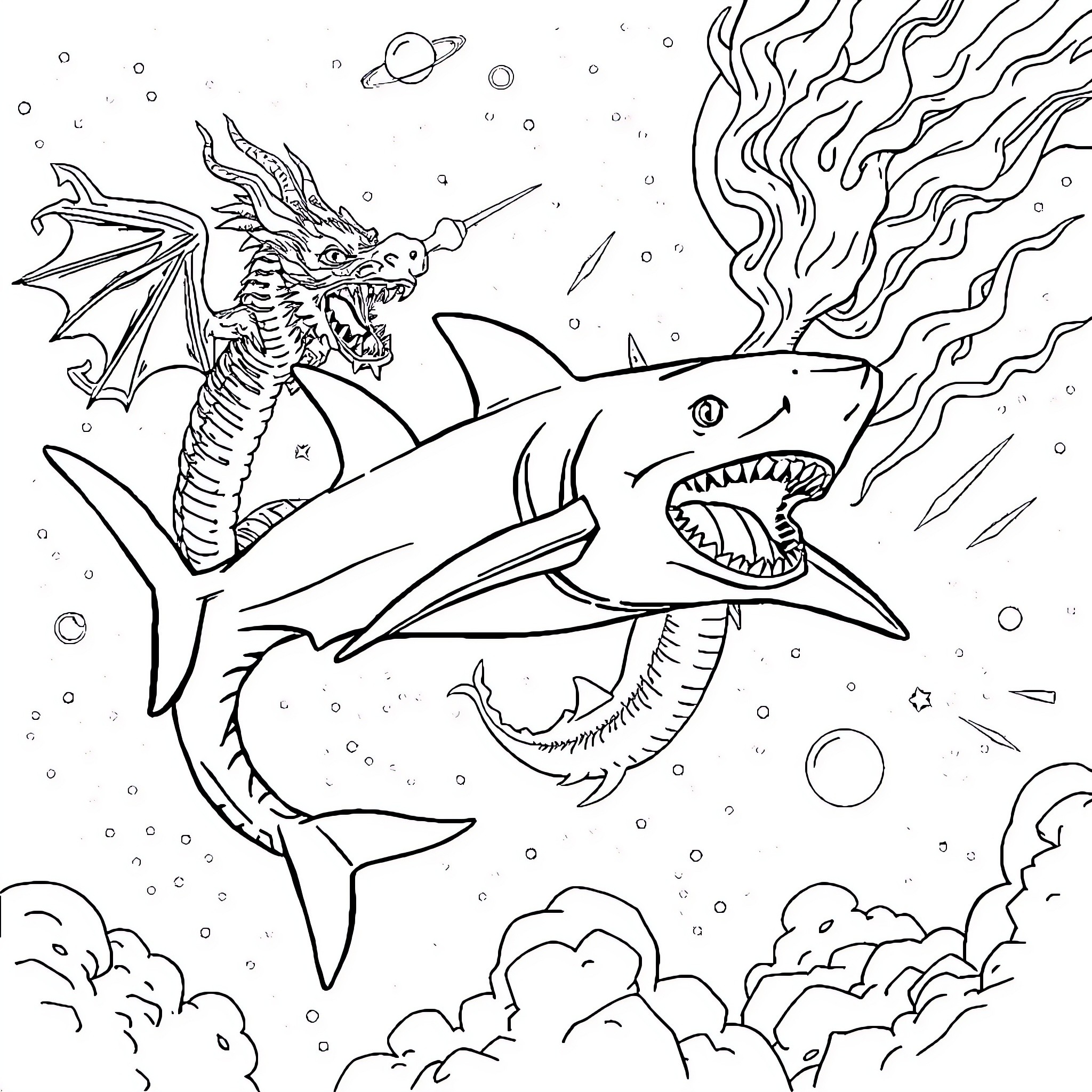 Shark versus dragon under the starry sky Coloring Page (free black-and-white line drawing printable PDF for all, from beginners to advanced learners, including children, teens, adults, and seniors)