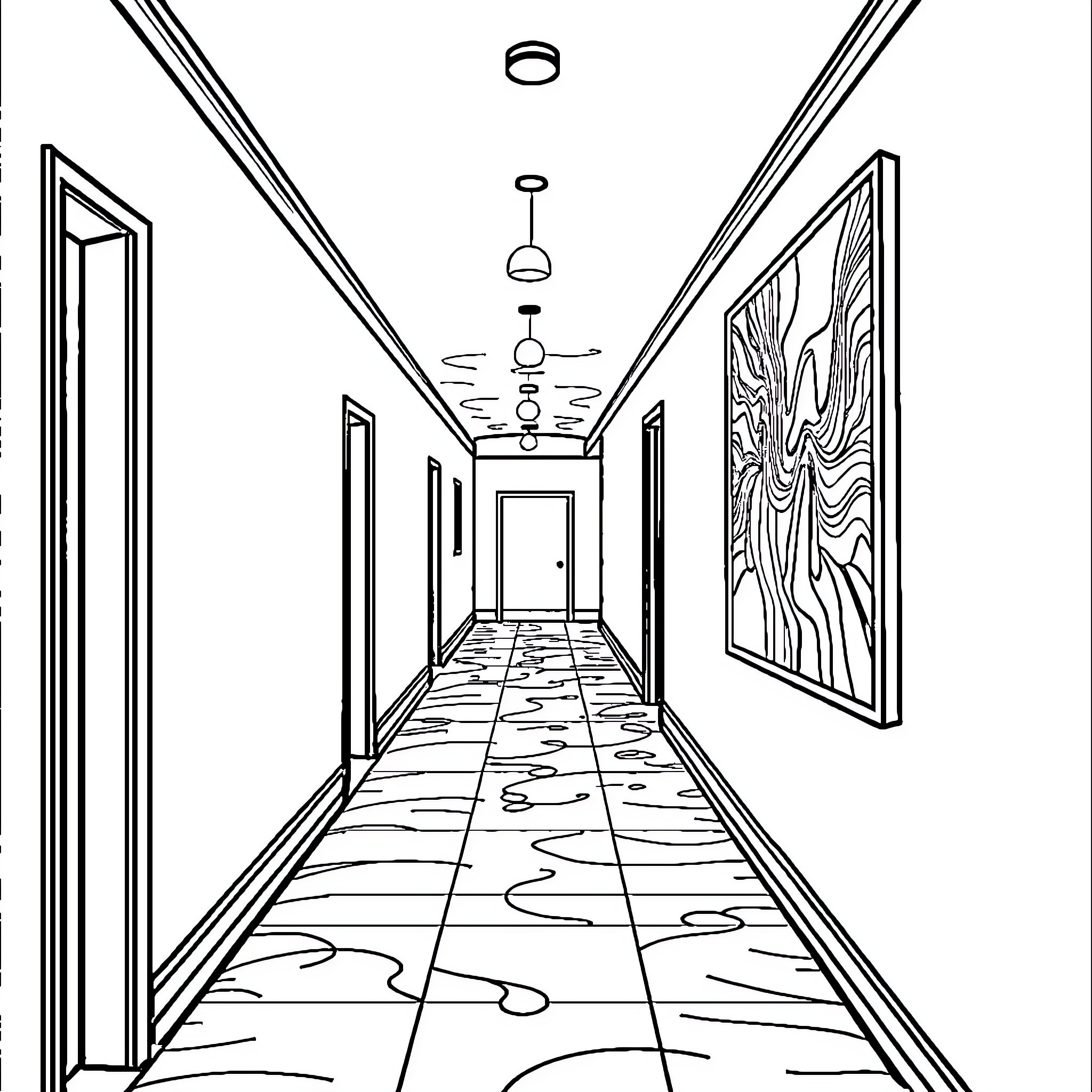 Hallway with abstract patterns and artwork Coloring Page (free black-and-white line drawing printable PDF for all, from beginners to advanced learners, including children, teens, adults, and seniors)