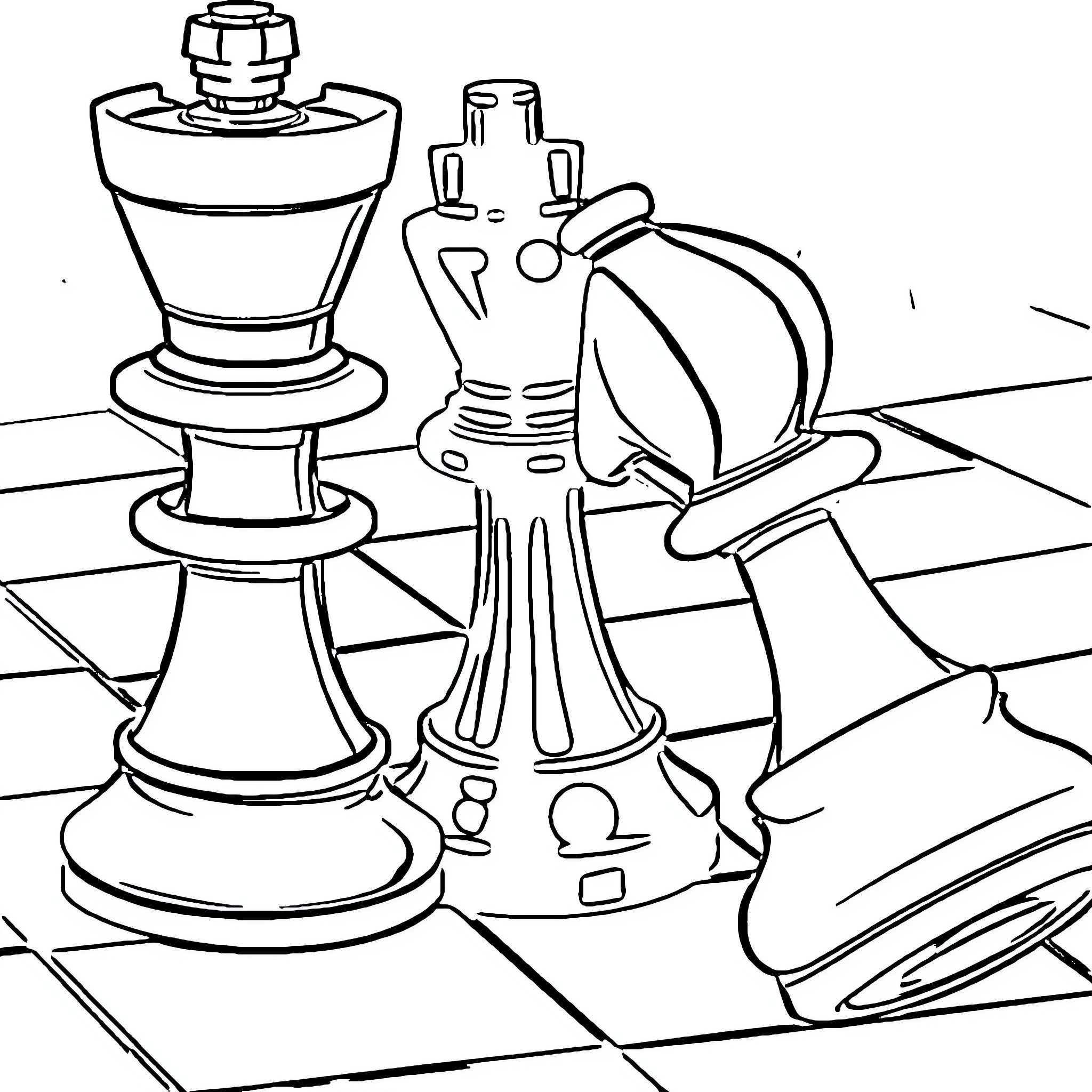 Chess Pieces Strategically Placed on a Board Coloring Page (free black-and-white line drawing printable PDF for all, from beginners to advanced learners, including children, teens, adults, and seniors)