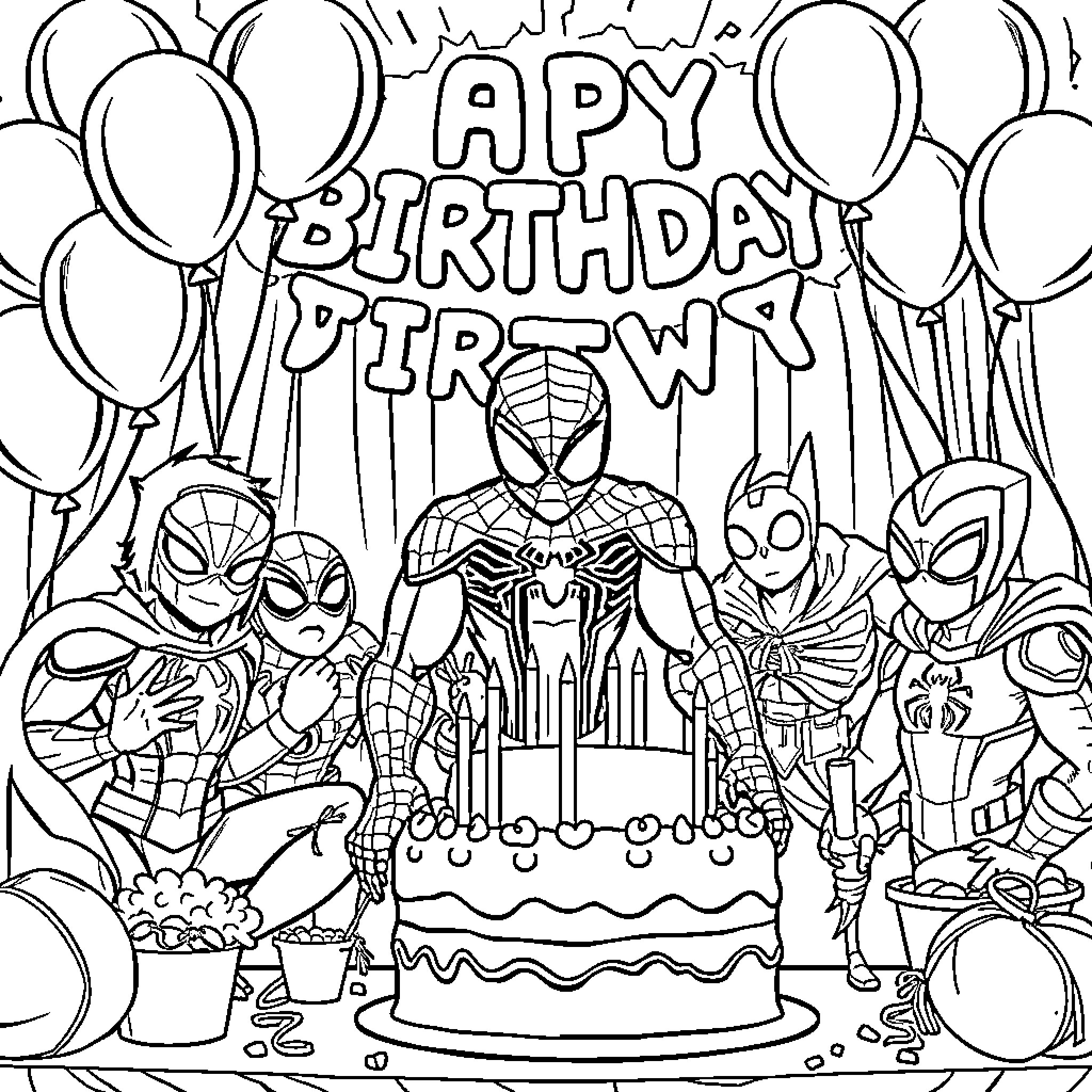 Spidey's Superhero Birthday Celebration Coloring Page (free black-and-white line drawing printable PDF for all, from beginners to advanced learners, including children, teens, adults, and seniors)