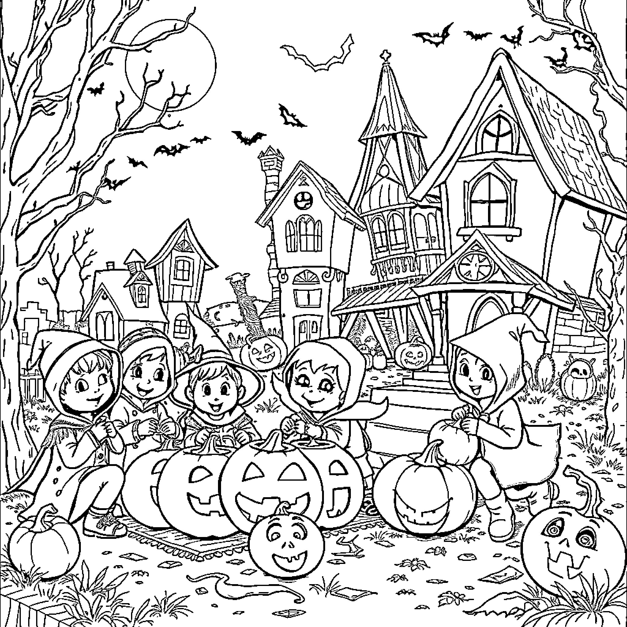 Halloween fun in a spooky village Coloring Page (free black-and-white line drawing printable PDF for all, from beginners to advanced learners, including children, teens, adults, and seniors)