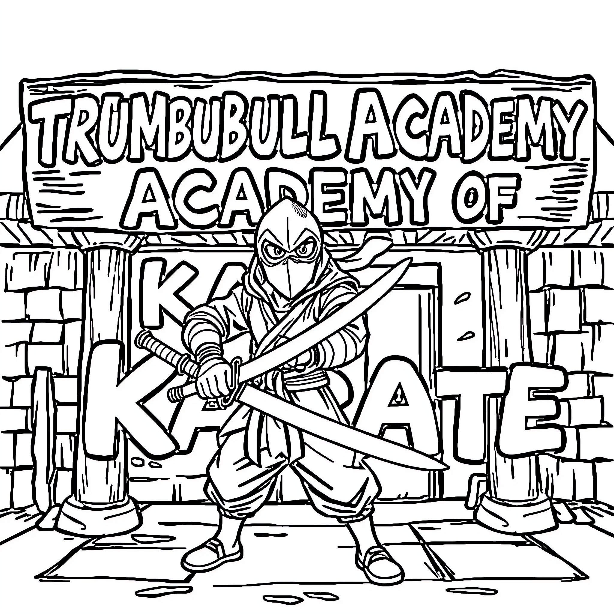 Ninja Training at the Trumbubull Academy of Karate Coloring Page (free black-and-white line drawing printable PDF for all, from beginners to advanced learners, including children, teens, adults, and seniors)