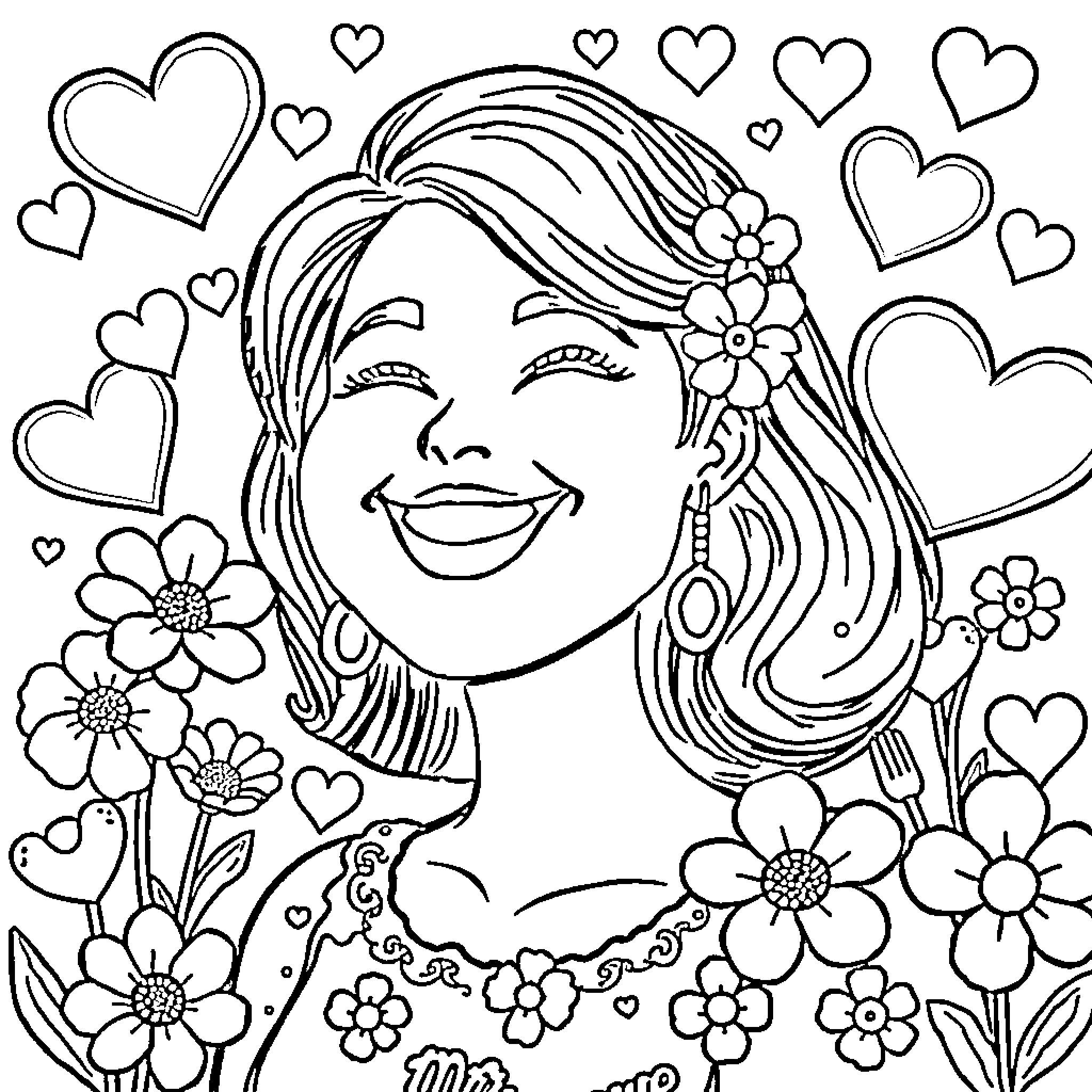 Mrs. Love's Floral Adventure Coloring Page (free black-and-white line drawing printable PDF for all, from beginners to advanced learners, including children, teens, adults, and seniors)