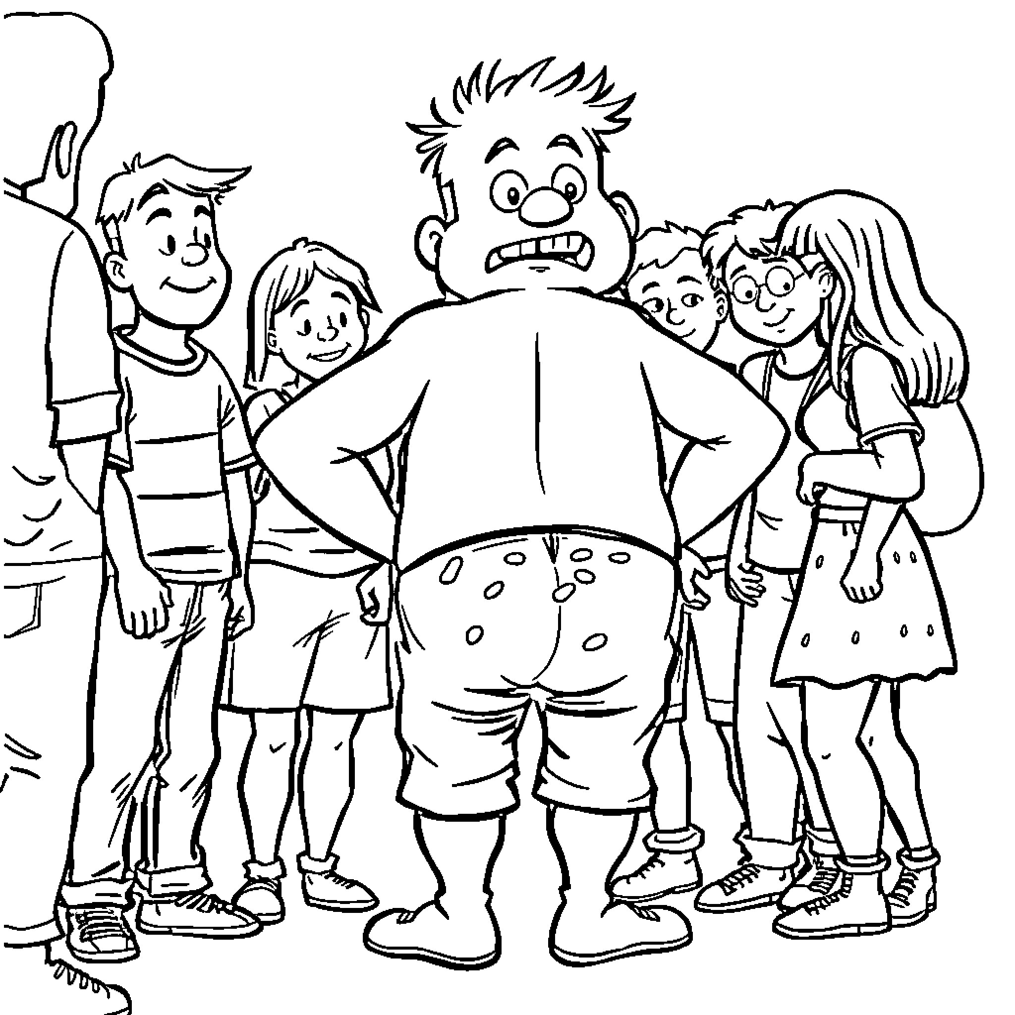 Guy with a group of children in a playful scene Coloring Page (free black-and-white line drawing printable PDF for all, from beginners to advanced learners, including children, teens, adults, and seniors)