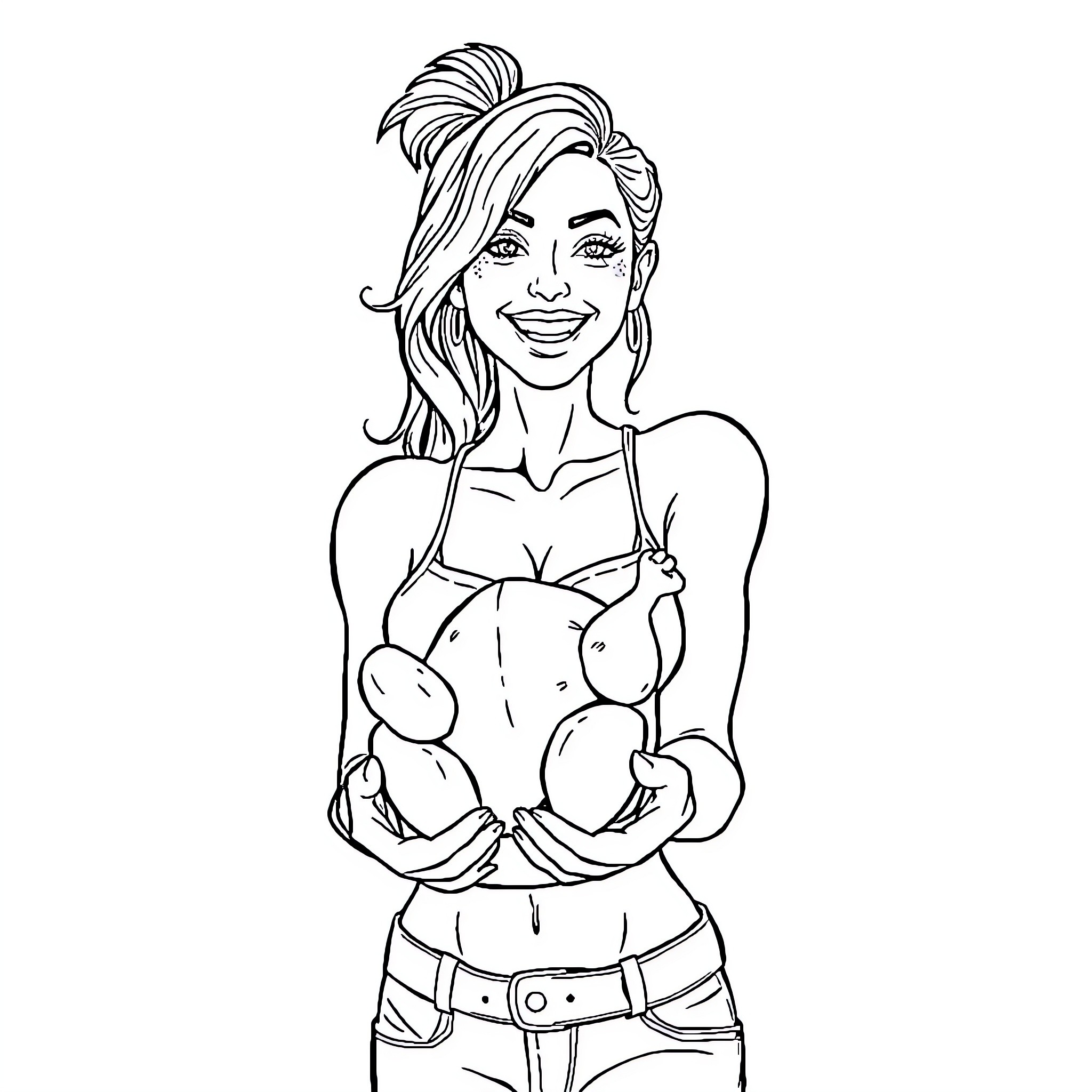Woman in casual outfit posing confidently Coloring Page (free black-and-white line drawing printable PDF for all, from beginners to advanced learners, including children, teens, adults, and seniors)