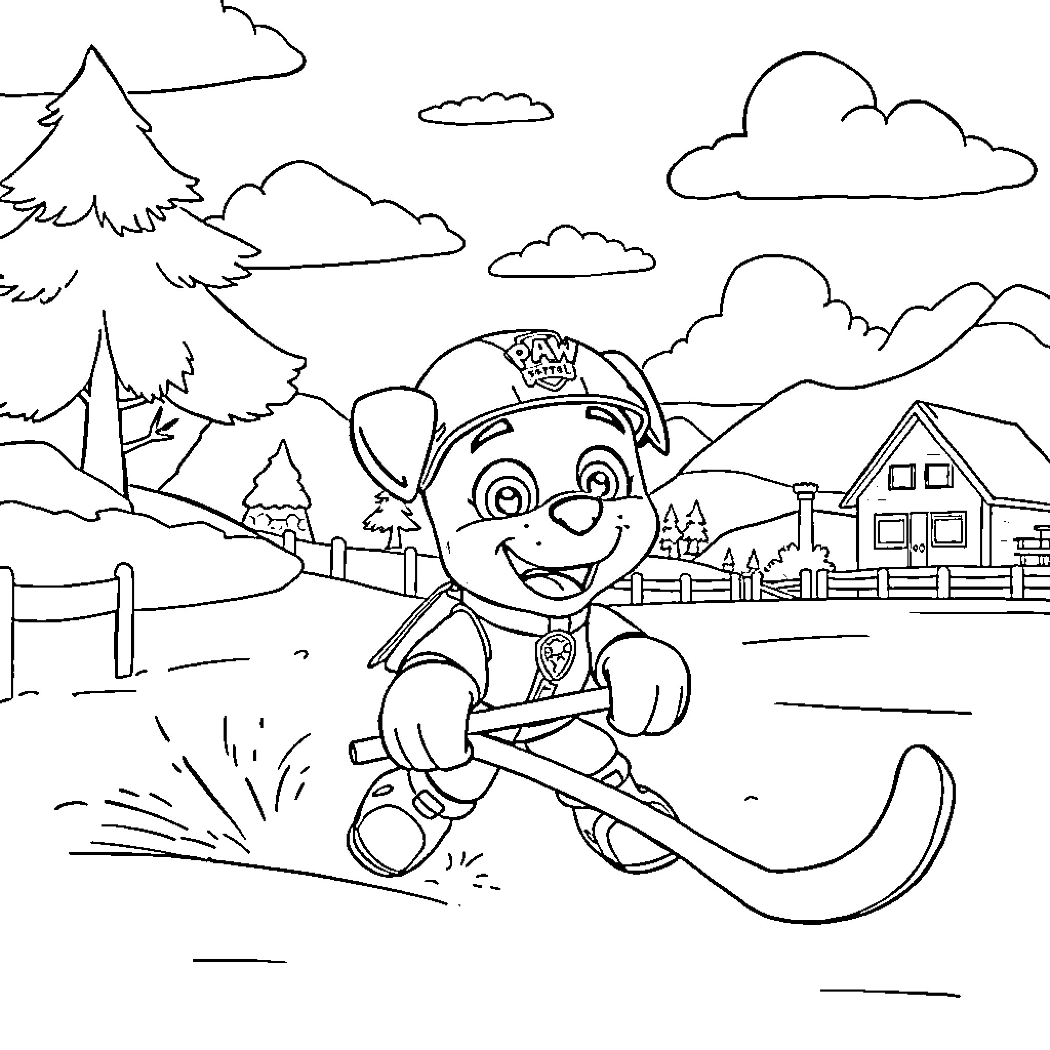 Marcus enjoying outdoor adventure in snowy landscape Coloring Page (free black-and-white line drawing printable PDF for all, from beginners to advanced learners, including children, teens, adults, and seniors)